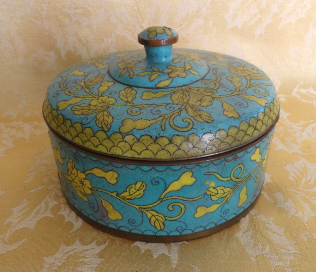 Vintage Chinese Enamel Cloisonne Box Turquoise Color With Flowers Ca 1950s-1970s