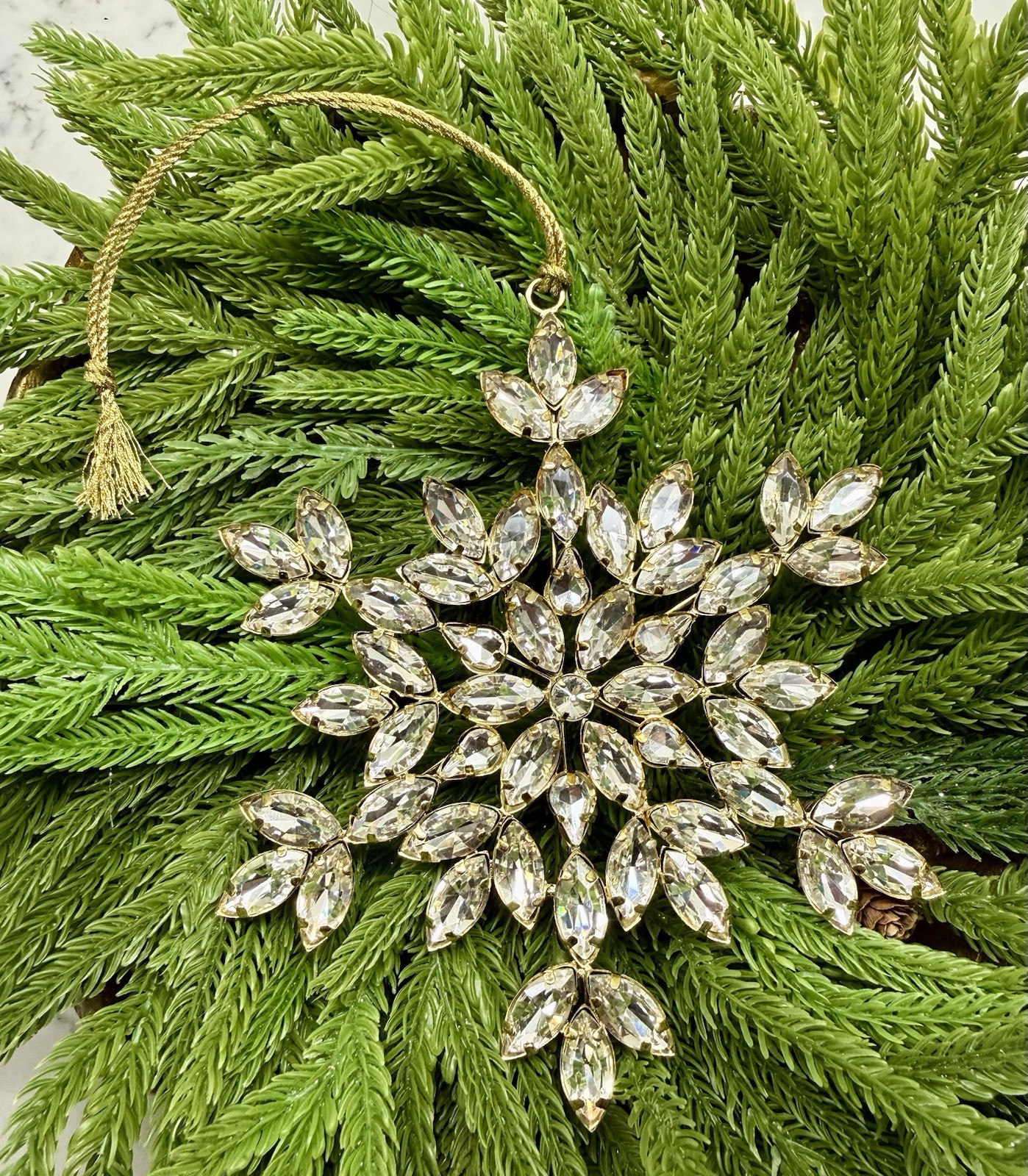 Marquis Glass Rhinestone Jeweled Gold Metal Snowflake Christmas Ornament 6”