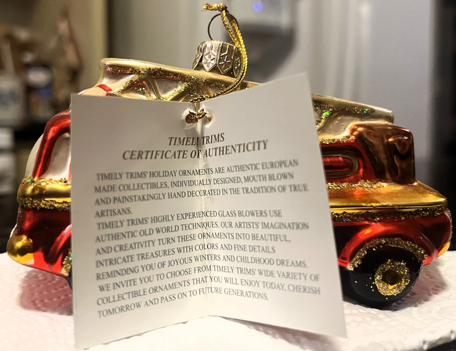 Timely Trims Blown Glass Fire Truck Christmas Ornament European Collectibles NEW