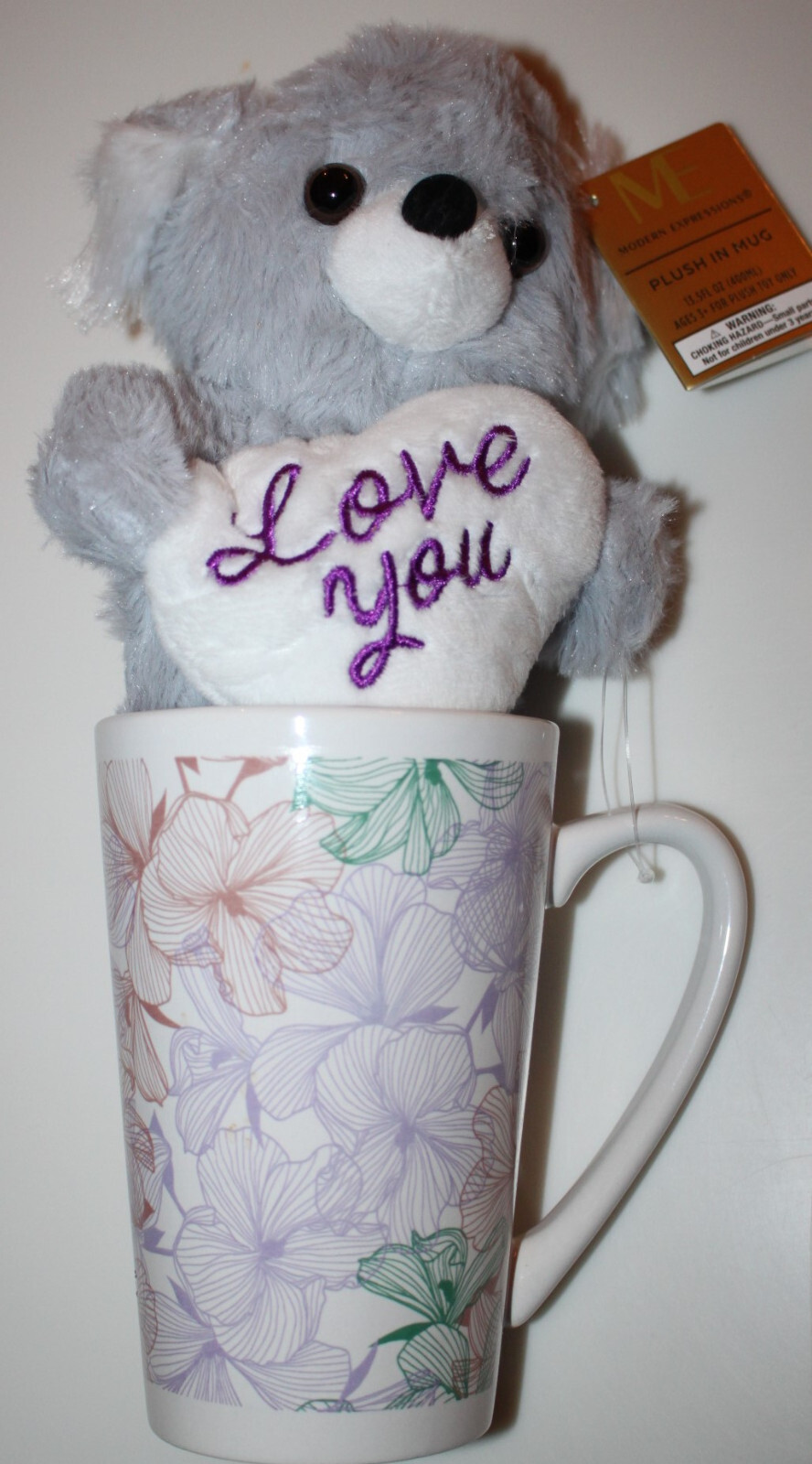 ME Modern Expressions – Plush Gray – LOVE YOU – Bear In Floral Coffee Mug – NWT