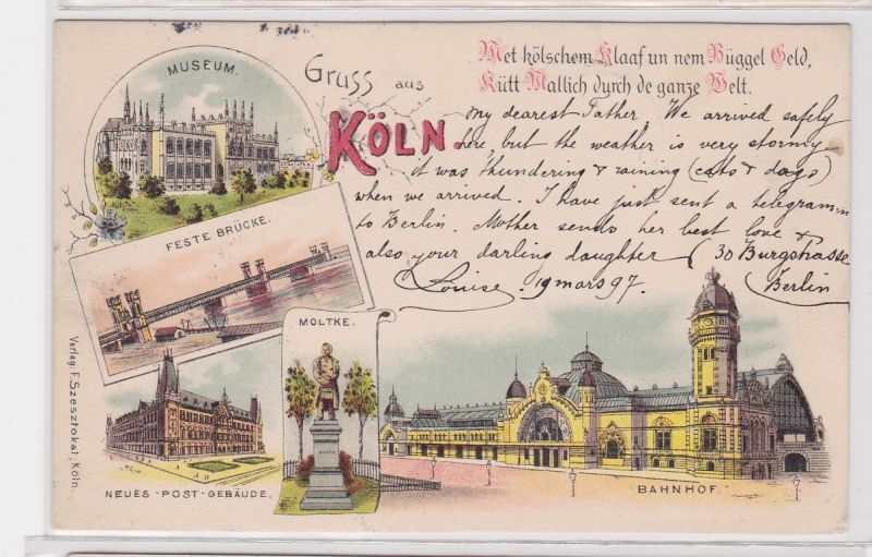 92047 Postcard Lithograph Greetings from Cologne Station, Post Office, etc. 1897