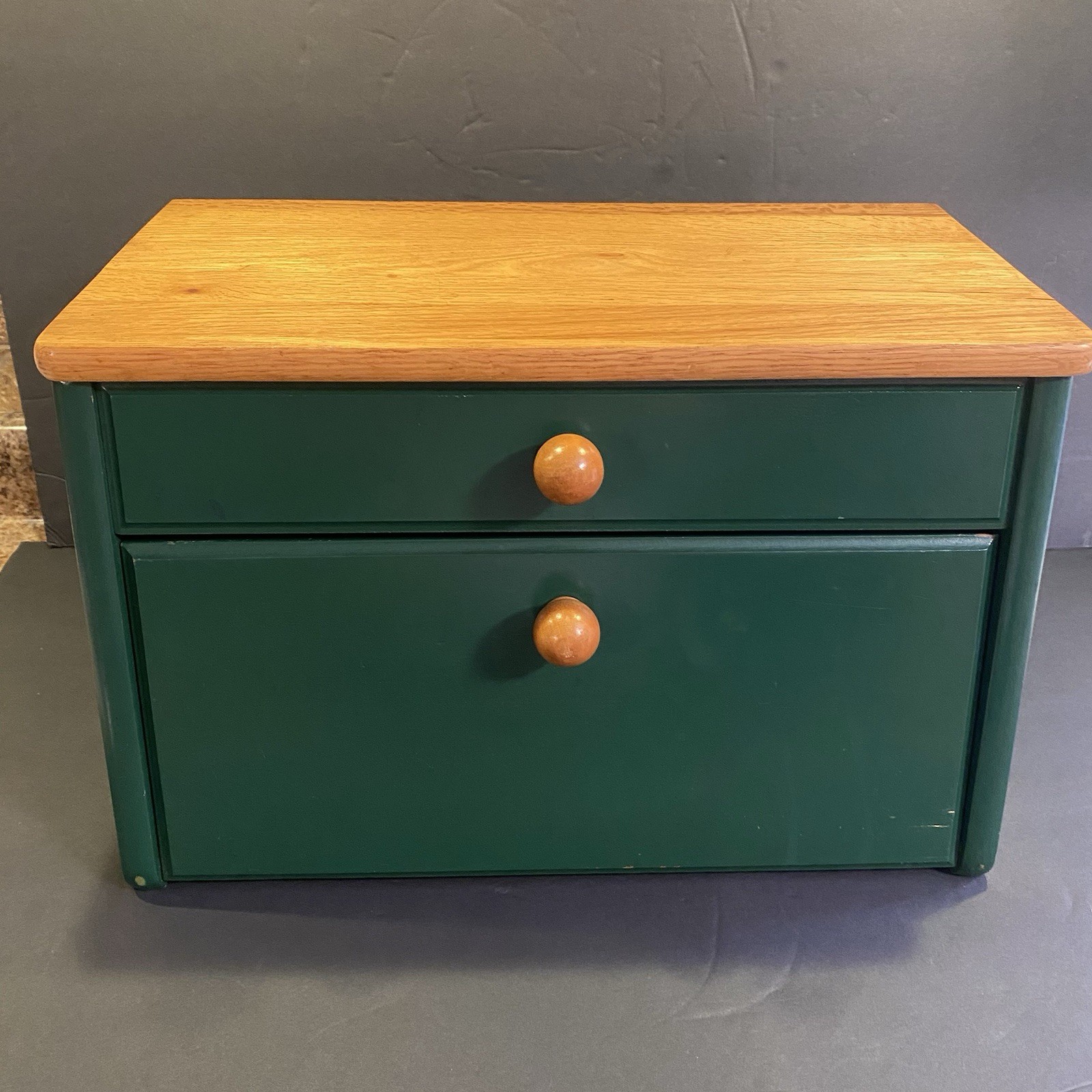 Vintage Bread Box Natural Wood Top Green Farmhouse Country Kitchen