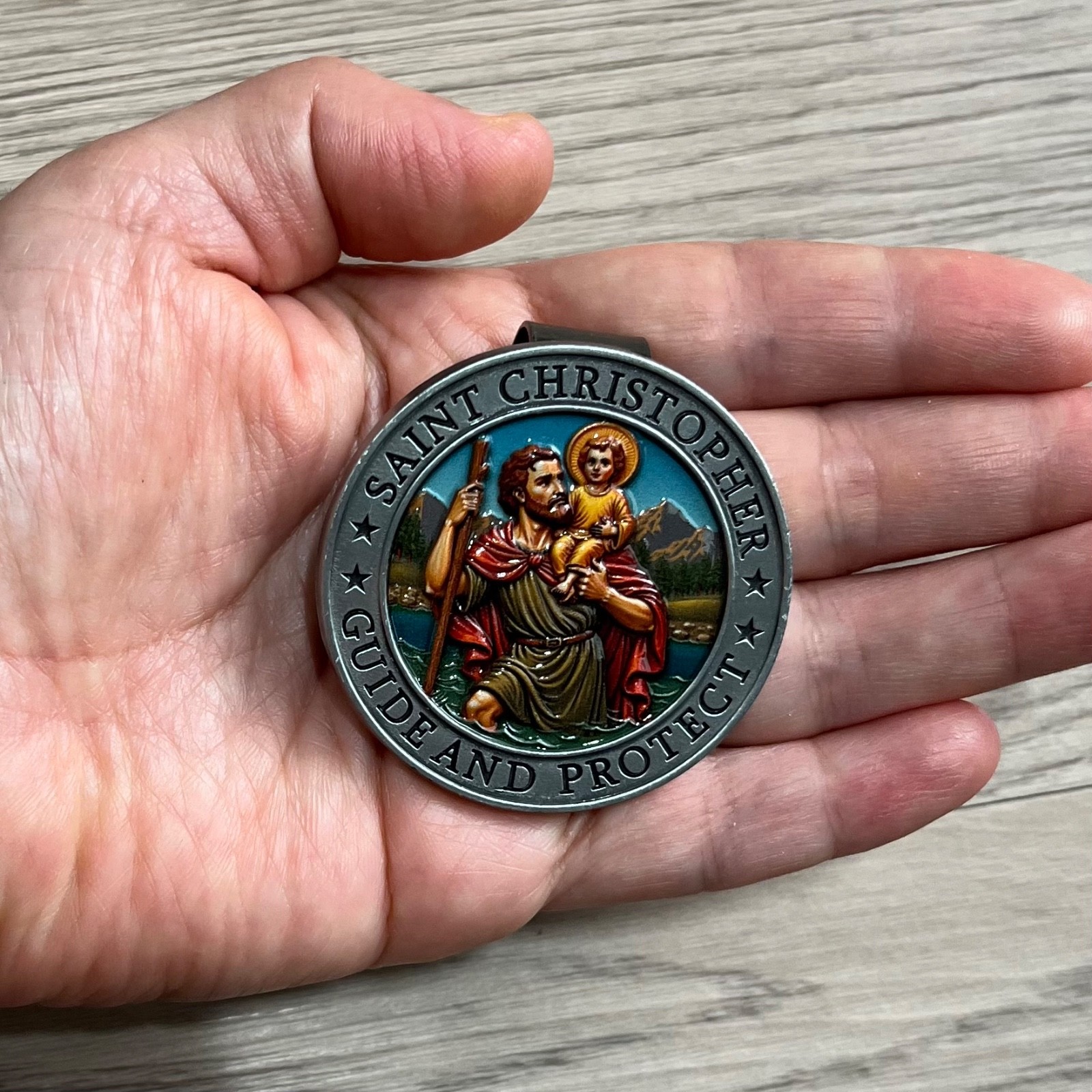 St Christopher Auto Visor Clip Medal + Card Car Protection Medalla San Cristobal