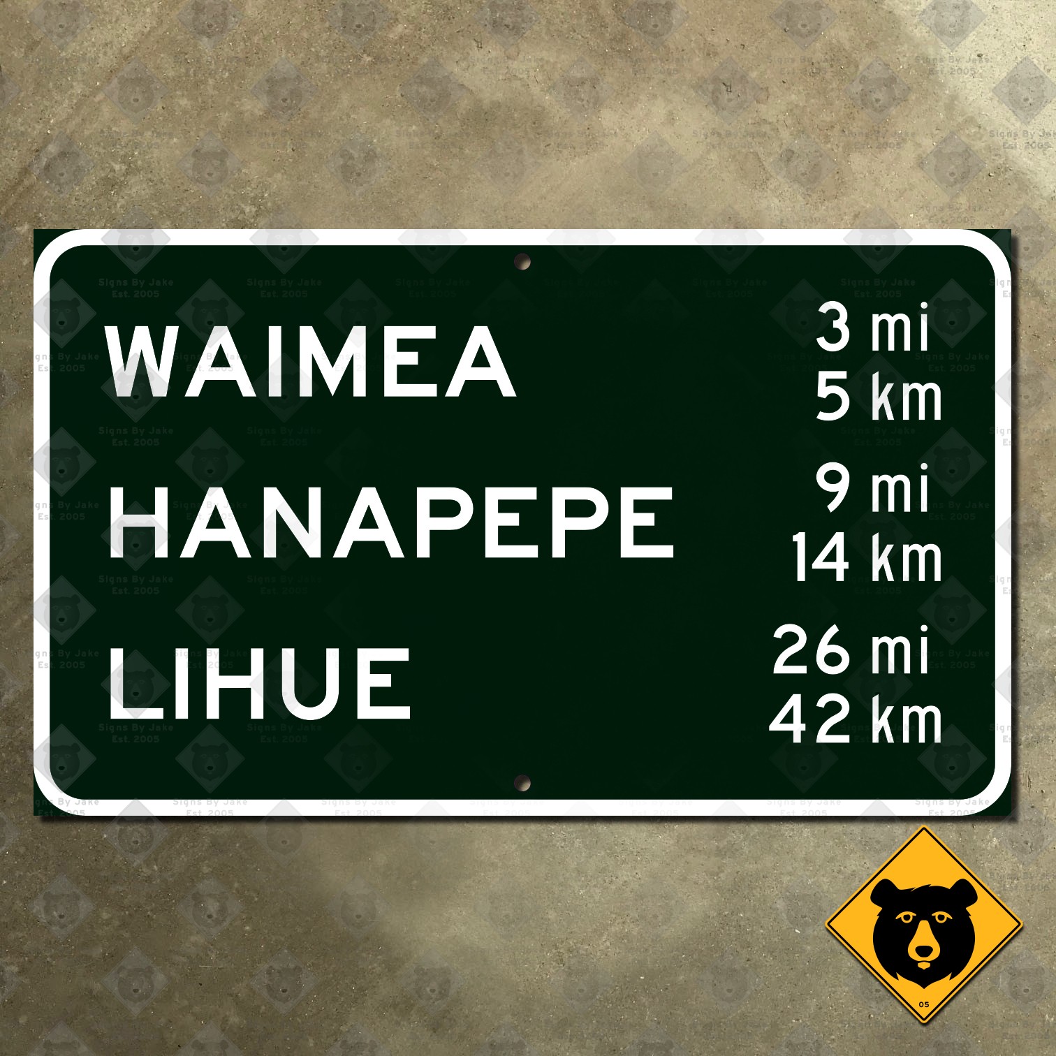 Hawaii Waimea Hanapepe Lihue mileage highway road street sign 22×13