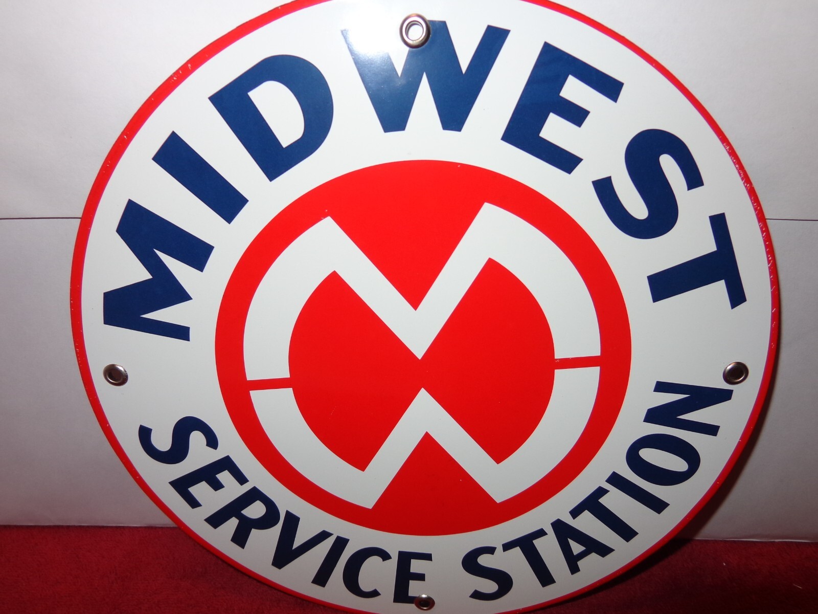 10 3/8 in MIDWEST SERVICE STATION ADVERTISING SIGN HEAVY METAL PORCELAIN # 970A