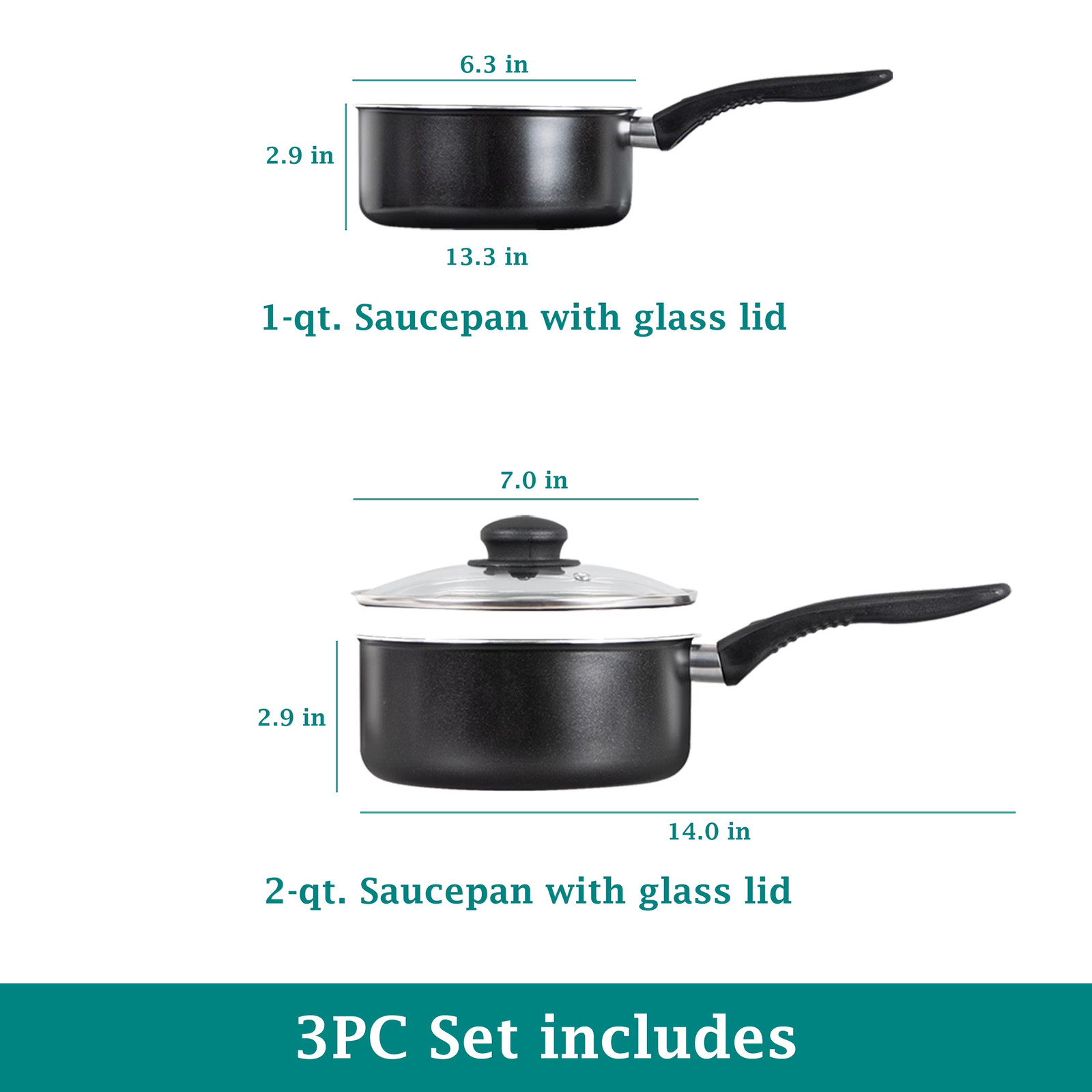 Mainstays 1Qt & 2Qt Non-Stick Sauce Pans Black with Single Lid 3pc