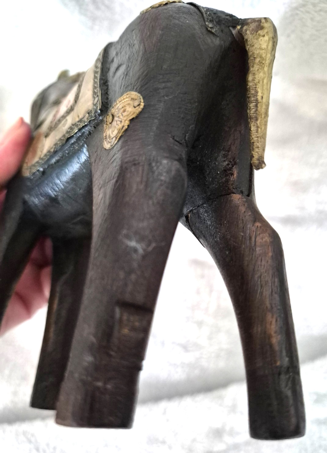Vtg Antique Hand Carved Wood Horse Metal Brass Inlay Marwari Rajasthani Copper