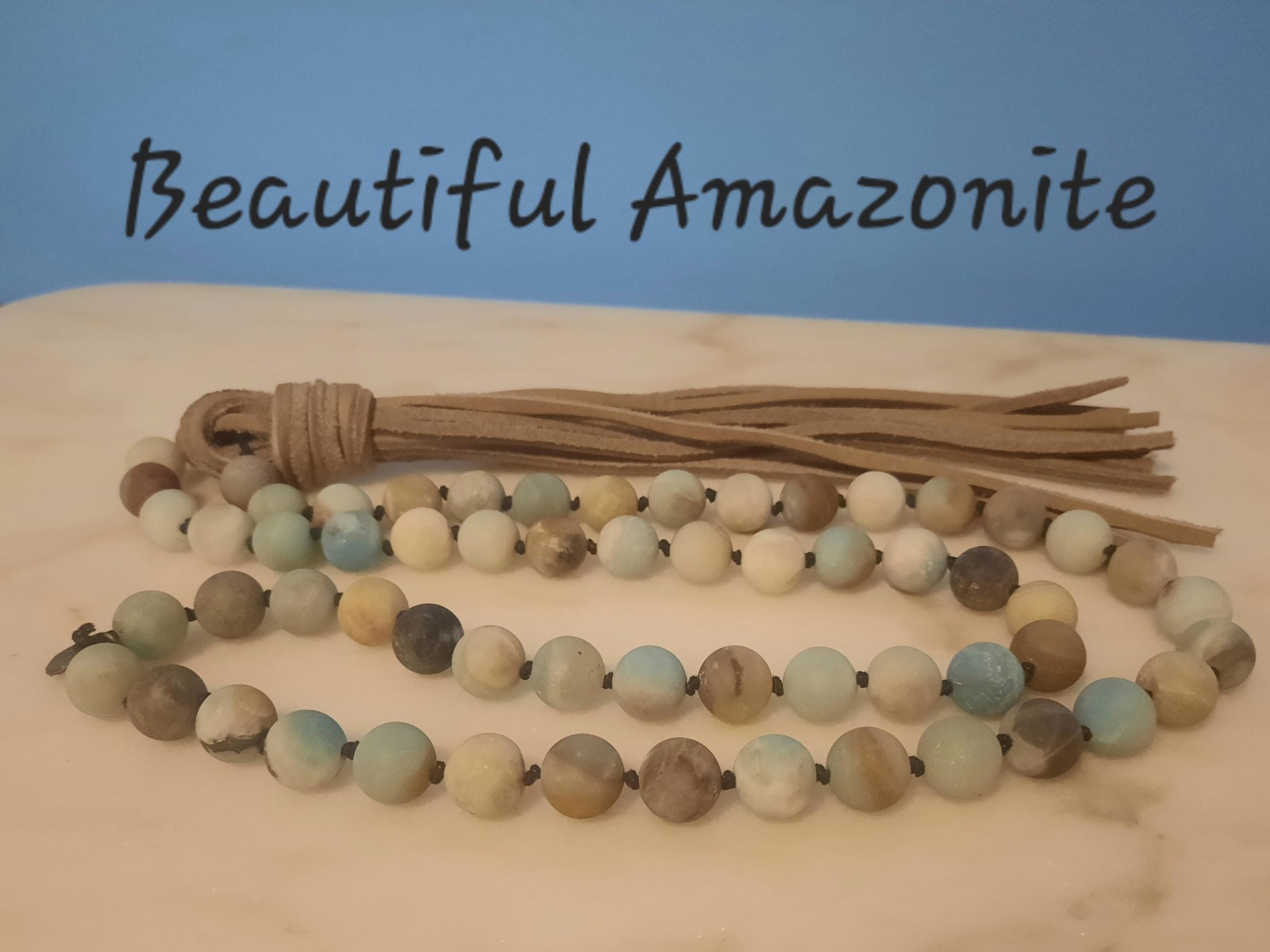 Mala – Natural Amazonite Matte/Frosted Hand Knotted Necklace Meditation Beads