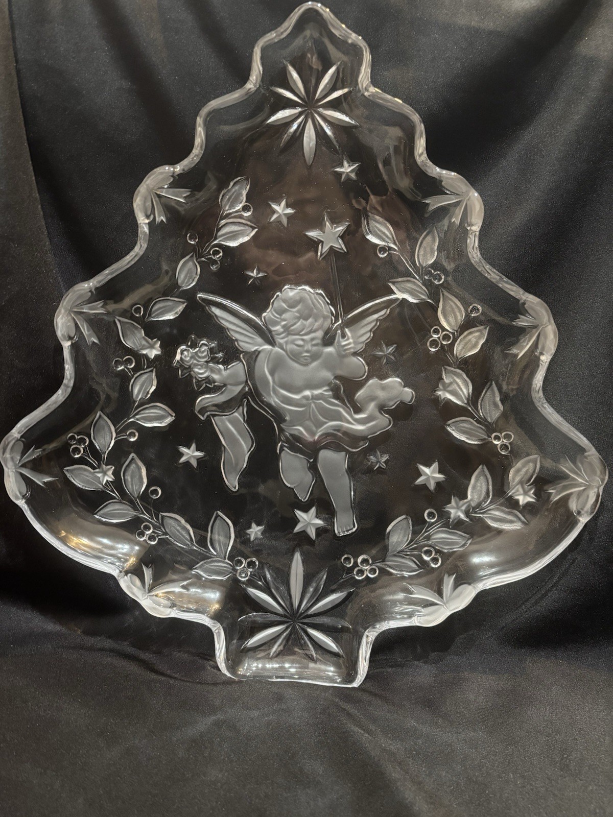 Studio Nova Christmas Tree Shaped Cherub Angel Serving Tray Platter Frost Glass