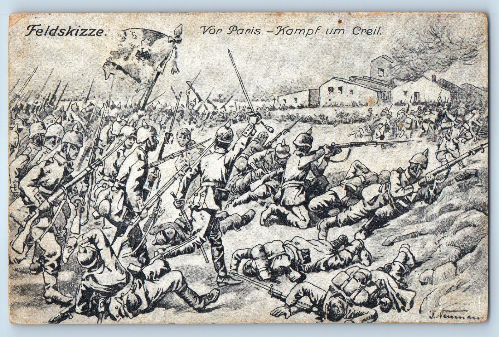 Oise France Postcard Field Sketch Before Paris Battle for Creil 1914