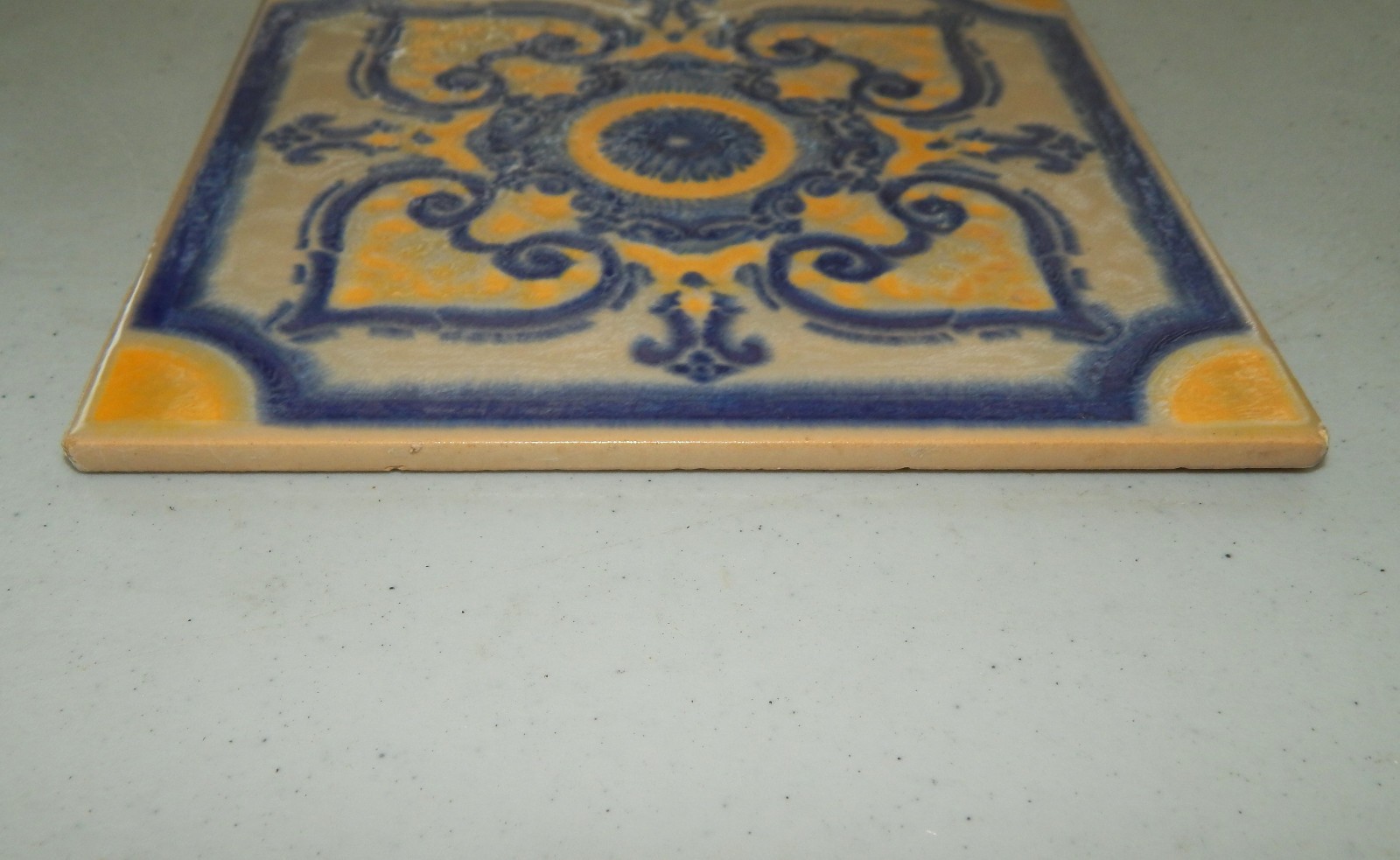 (2) USED Brennand Recife Brasil Brazil Decorative Tile Trivet Yellow Blue 6″X6″
