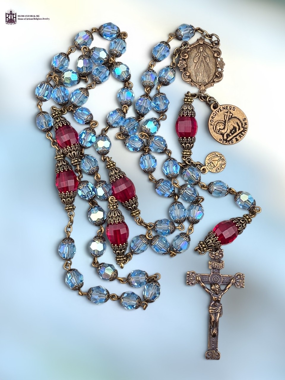 Divine Mercy Blue Swarovski Crystal Rosary| Bronze | Heirloom