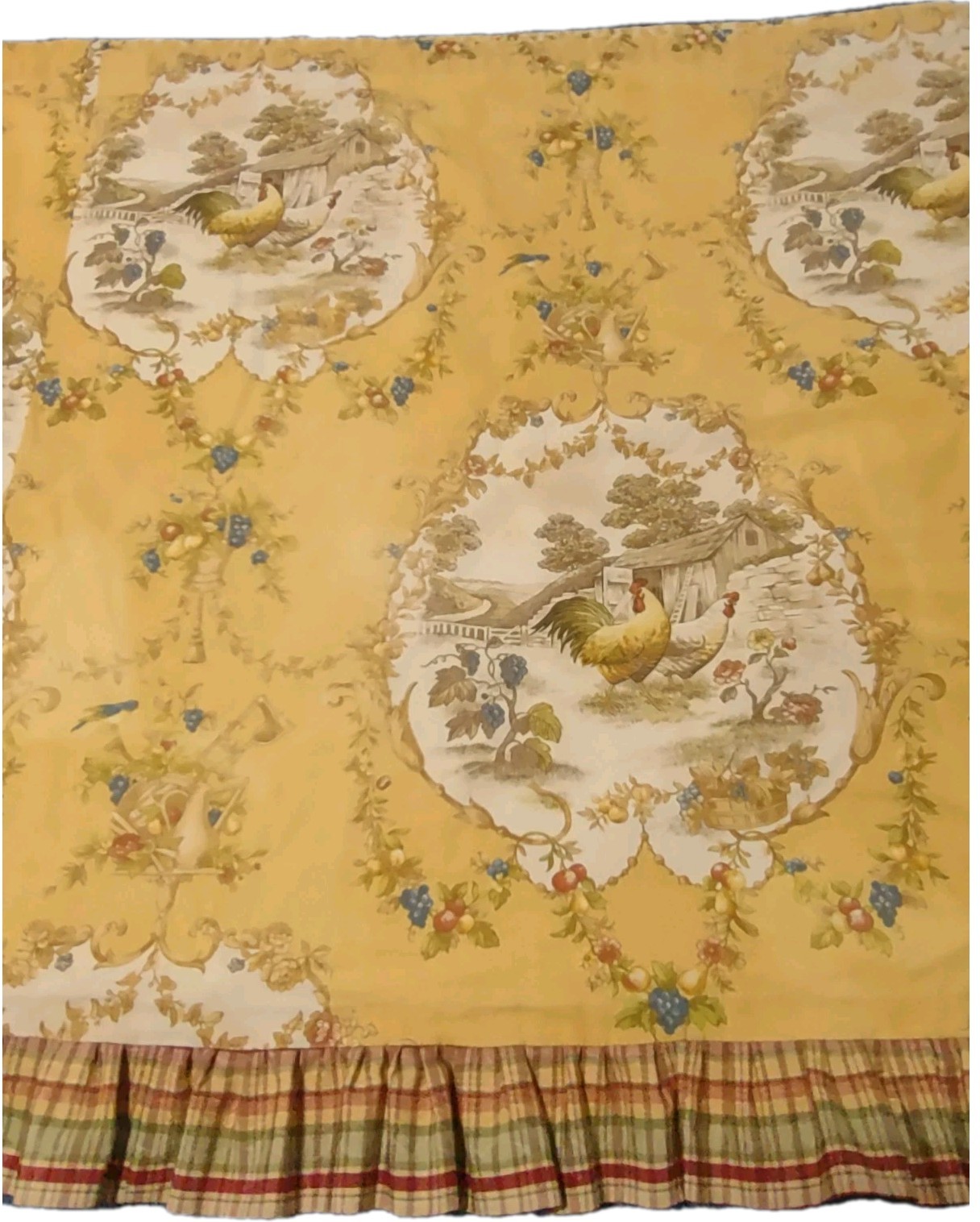 Vtg Chicken Toile French Country Farmhouse Ruffle Window Valance 100″x28″