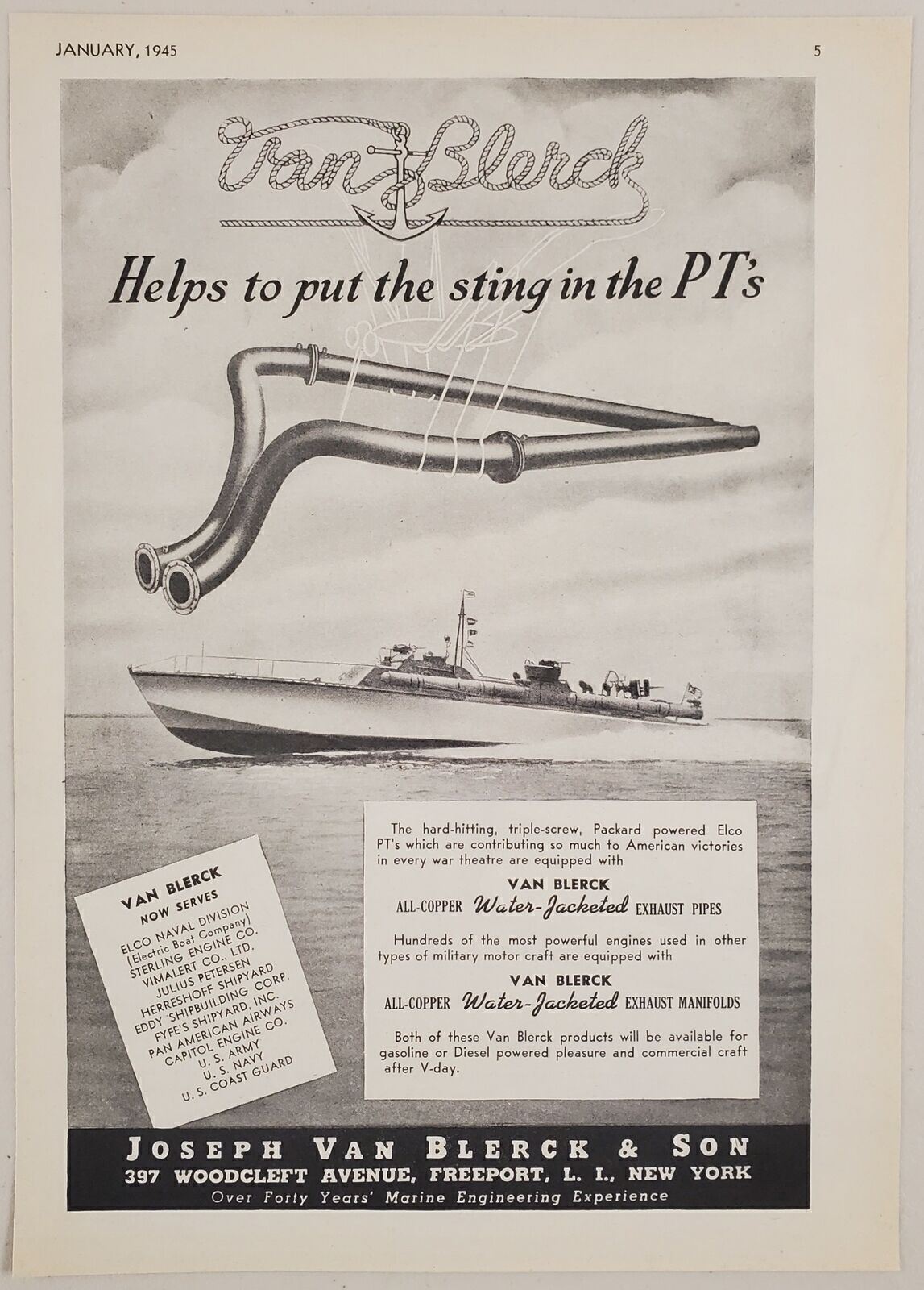 1945 Print Ad Van Blerck Exhaust Pipes PT Boats WW2 Freeport, L.I. New York