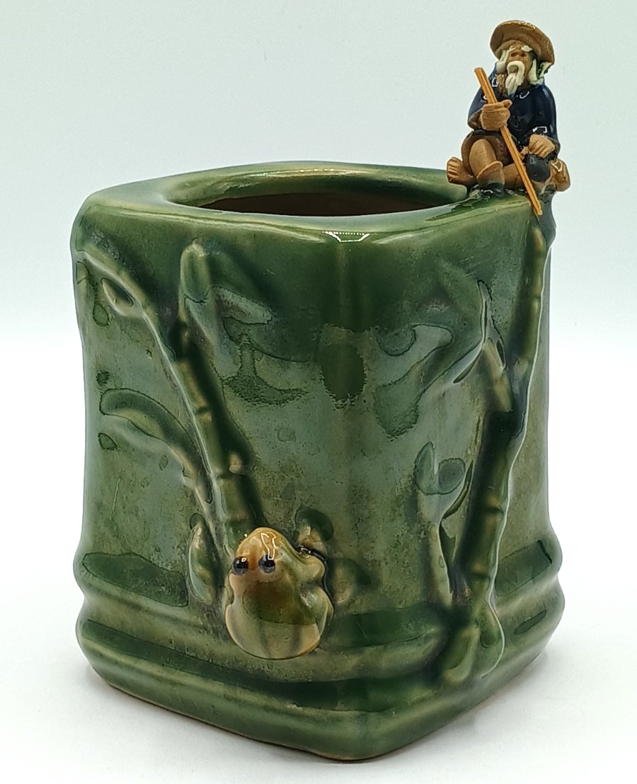 Vintage Majolica Style Mudman Ceramic Planter Vase Bamboo Frog