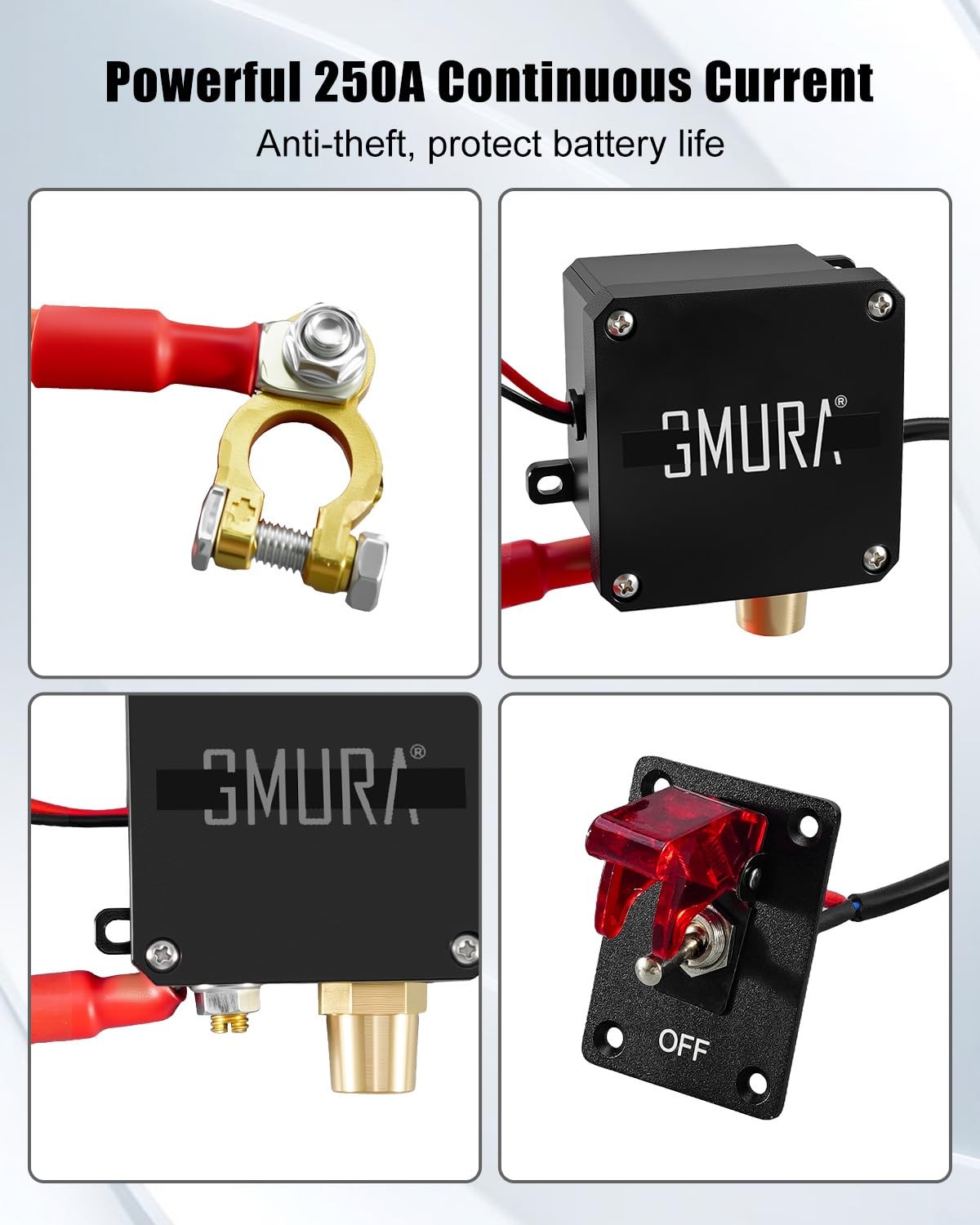 12V 250A Battery Disconnect Switch, Car Kill Switch with 9.84ft Cable for RV