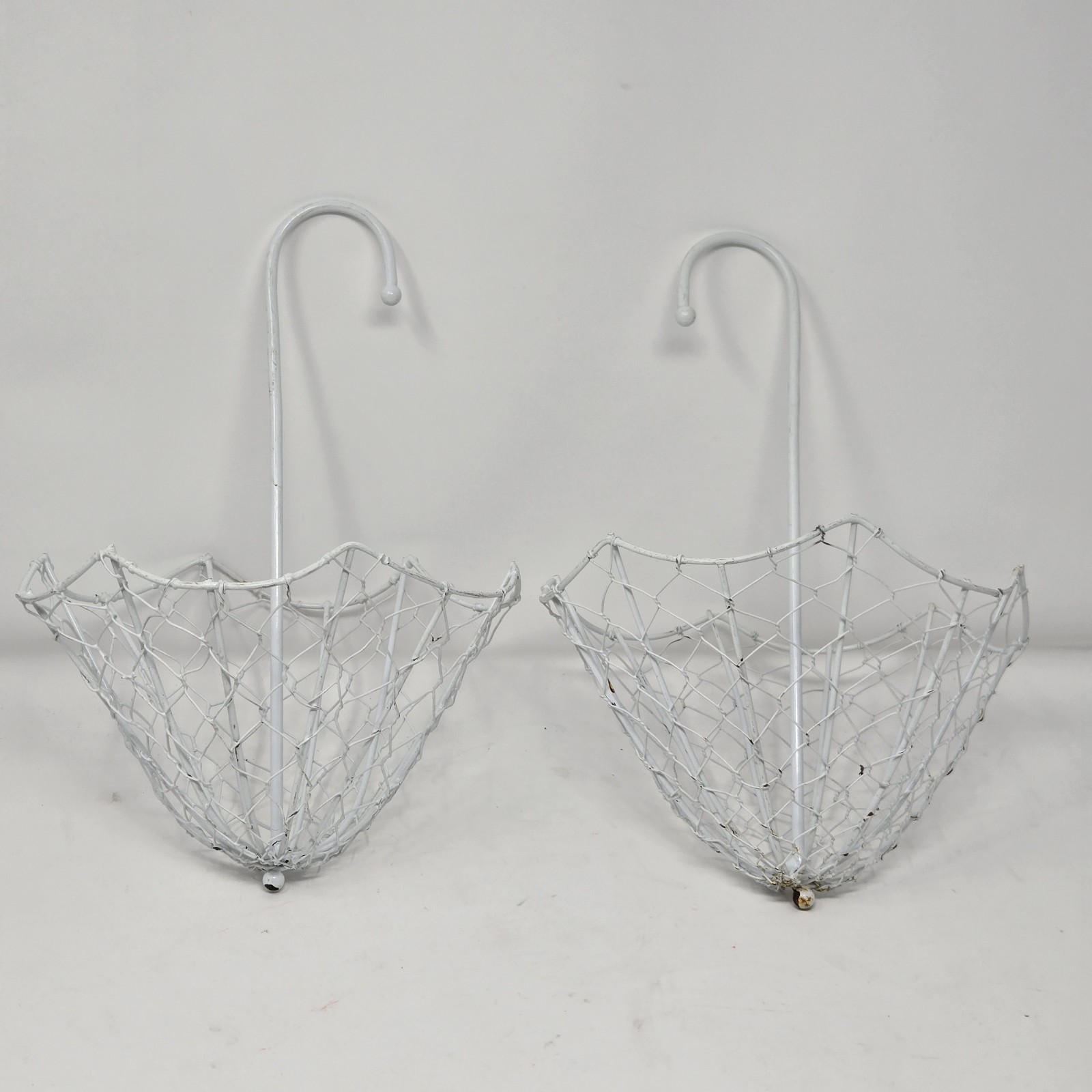 Vintage 2 Metal White Hanging Parasol Umbrella Shaped Basket Cottagecore Decor