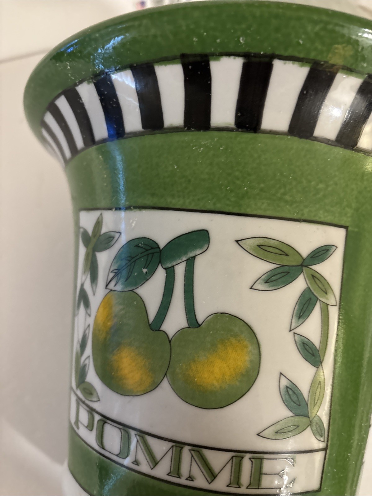 Vtg Ceramic Planter POMME French For Apple 8×8.25” Striped Black White Green