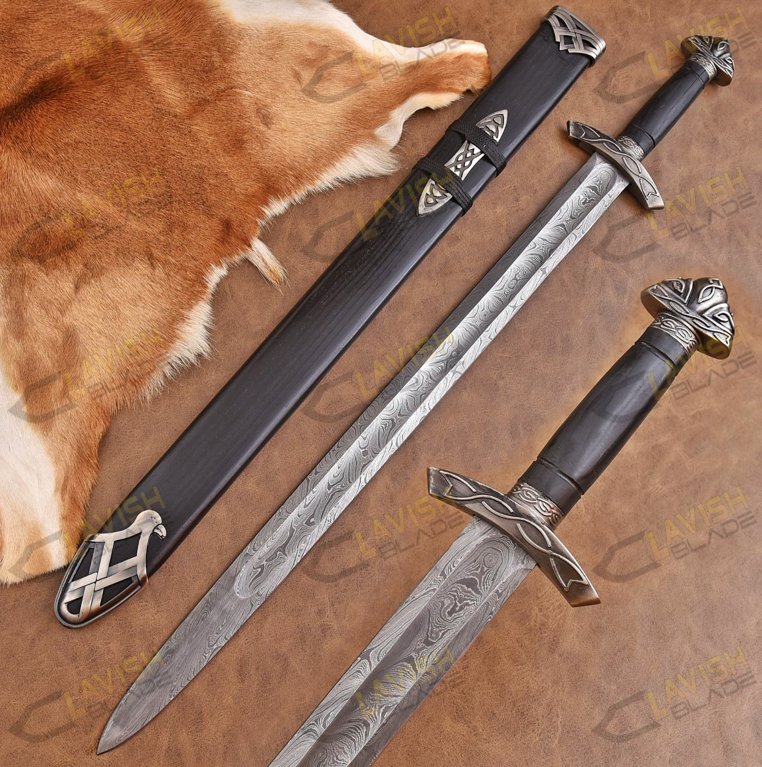 Hand Forged Damascus Steel Norsemen Sword Medieval Viking Replica with Scabbard.