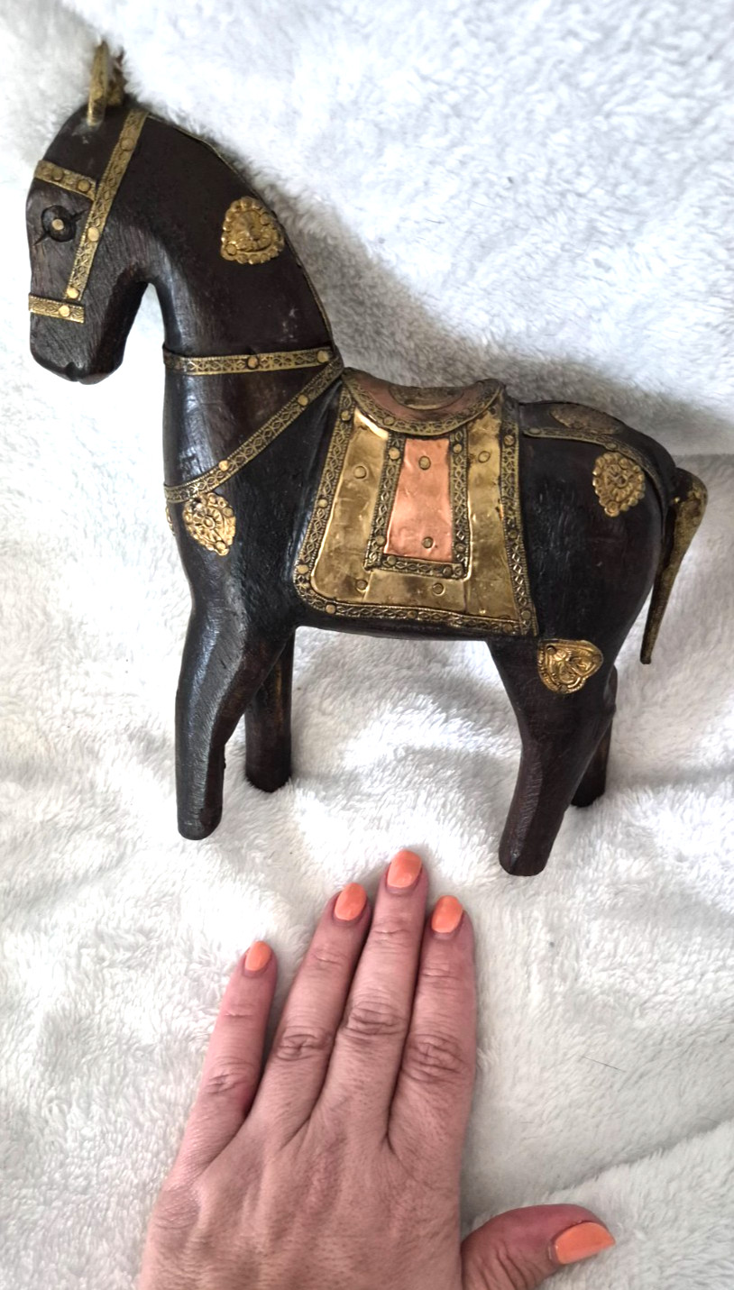 Vtg Antique Hand Carved Wood Horse Metal Brass Inlay Marwari Rajasthani Copper