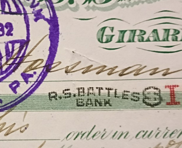 VINTAGE 1932 R.S. Battles Bank Certificate of Deposit CHECK, BANK NOTE