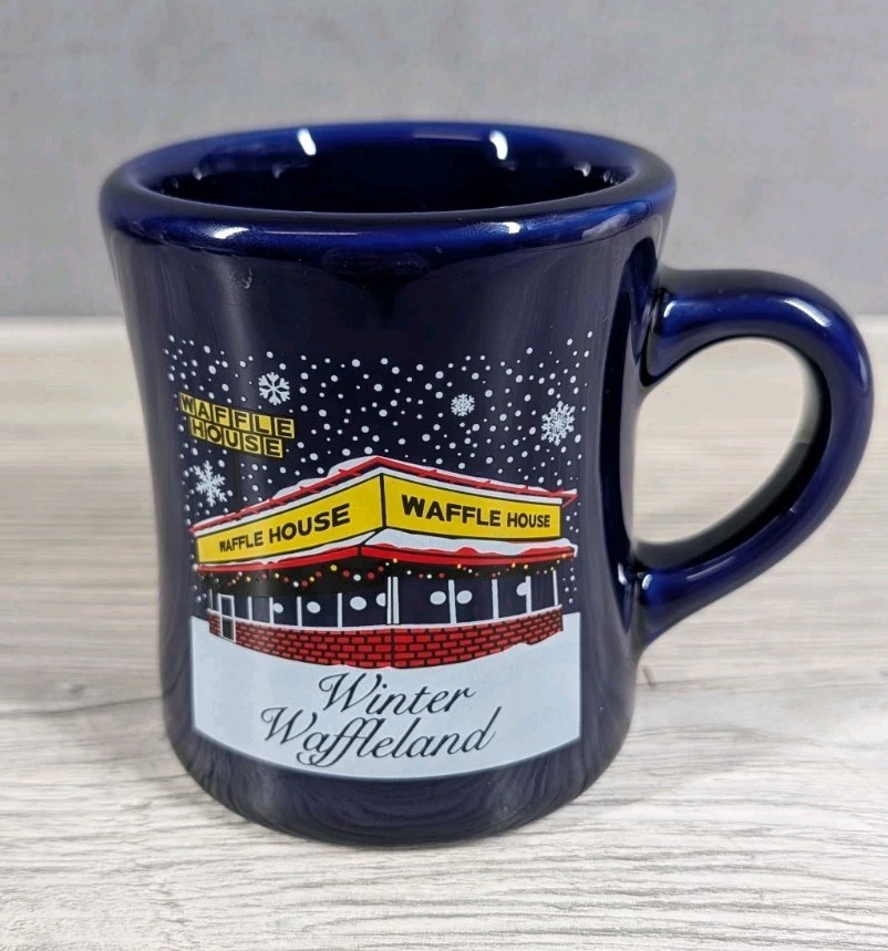 Waffle House 2015 Blue Christmas Coffee Mug Winter Waffleland Snowflake Tuxton