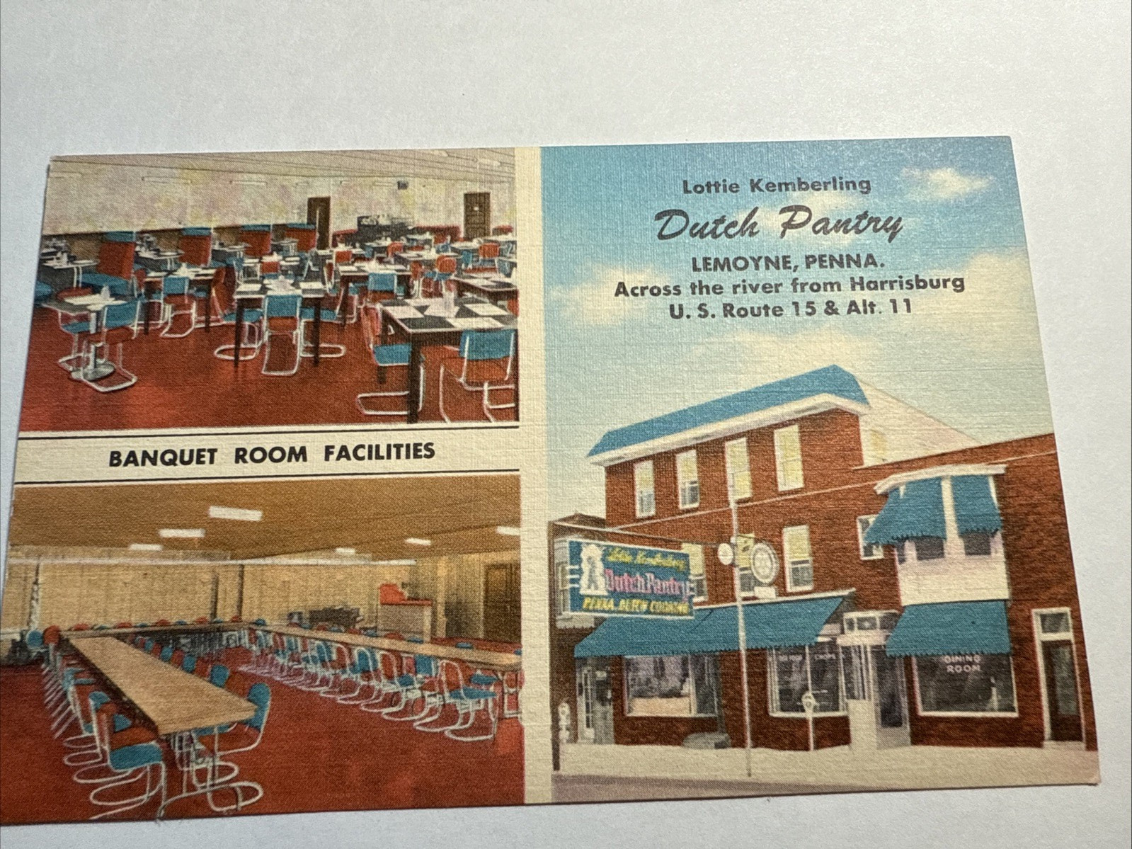 Vintage Lottie Kemberling Dutch Pantry Lemoyne, PA 3 Scene Color Postcard