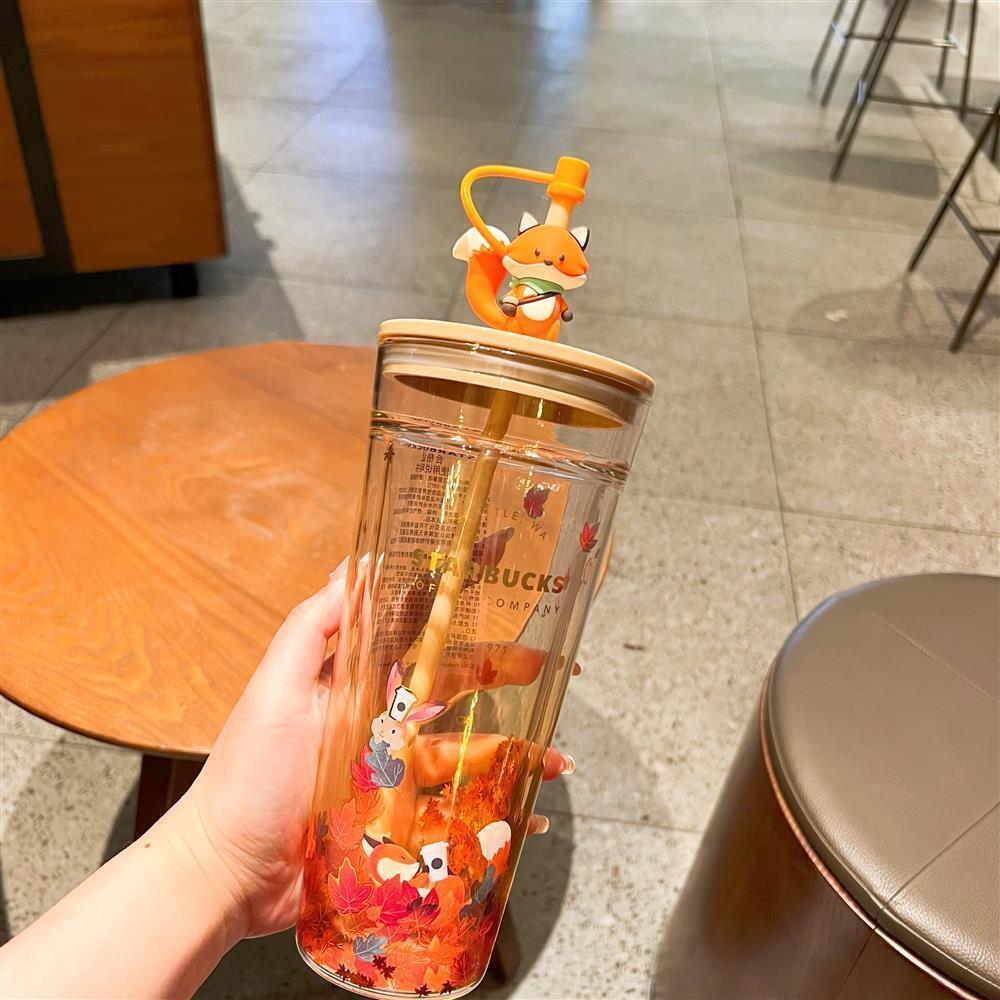 Starbucks Autumn Fox Maple Leaf Cup Tumbler Straw Dust Stopper Double Glass Set
