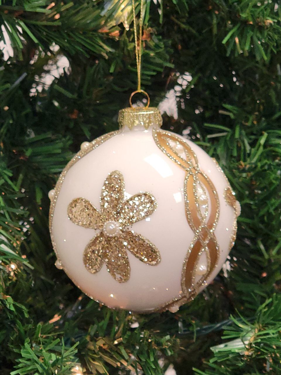 Wizardi White Ball with Gold Flower Glass Christmas Ornament F07M7-30-LH76-23098