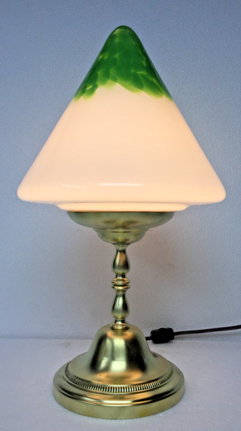 Brass Table Lamp Conical Milk Glass Shade Emerald Green Art Deco Modern Flare