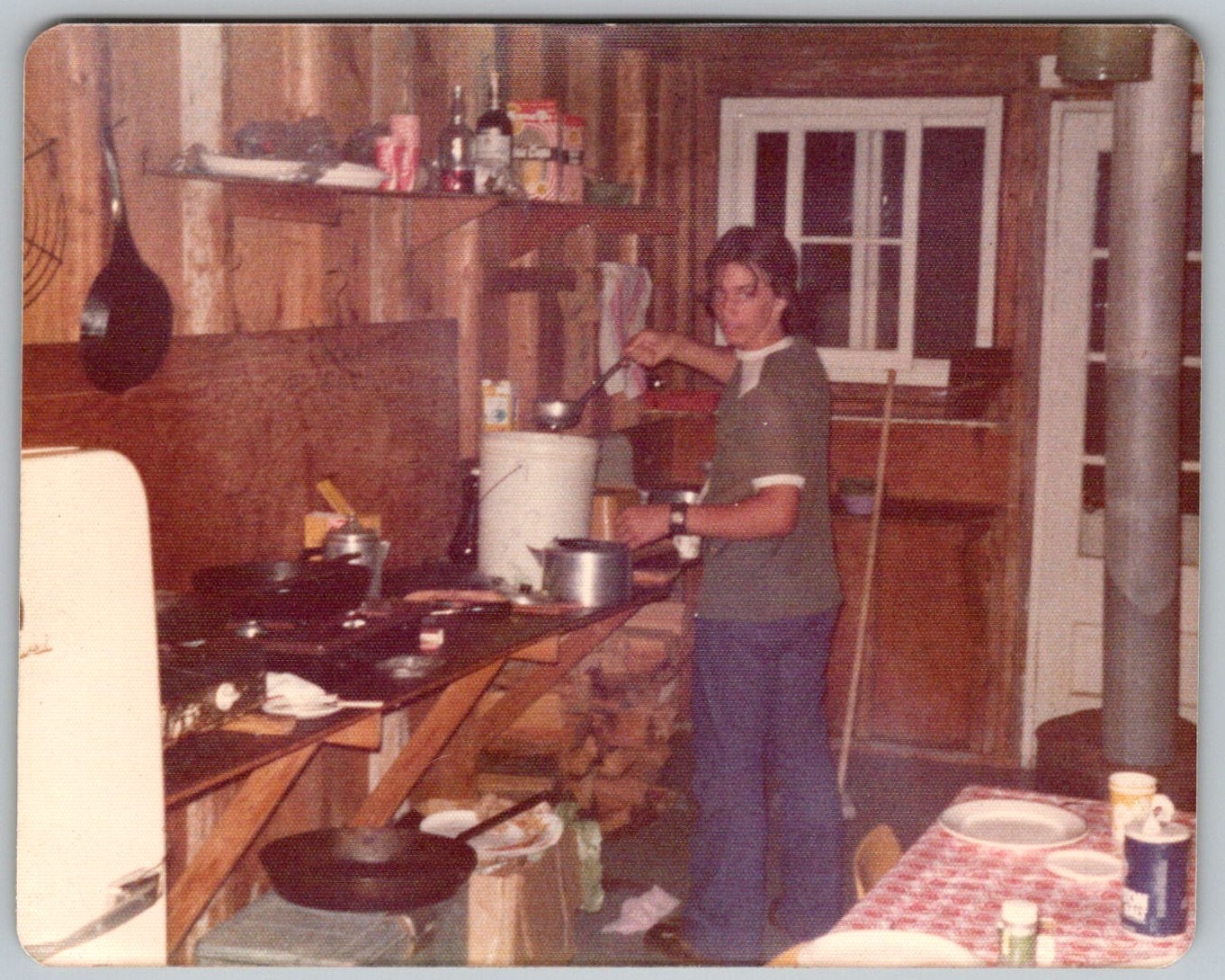 Vtg B&W Snapshot Young Boy Cooking Cabin Kitchen Wood Stove 1970s