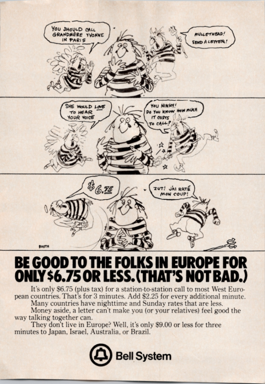 Bell System Vintage Magazine Ad Booth Cartoon International Call Europe 1970s