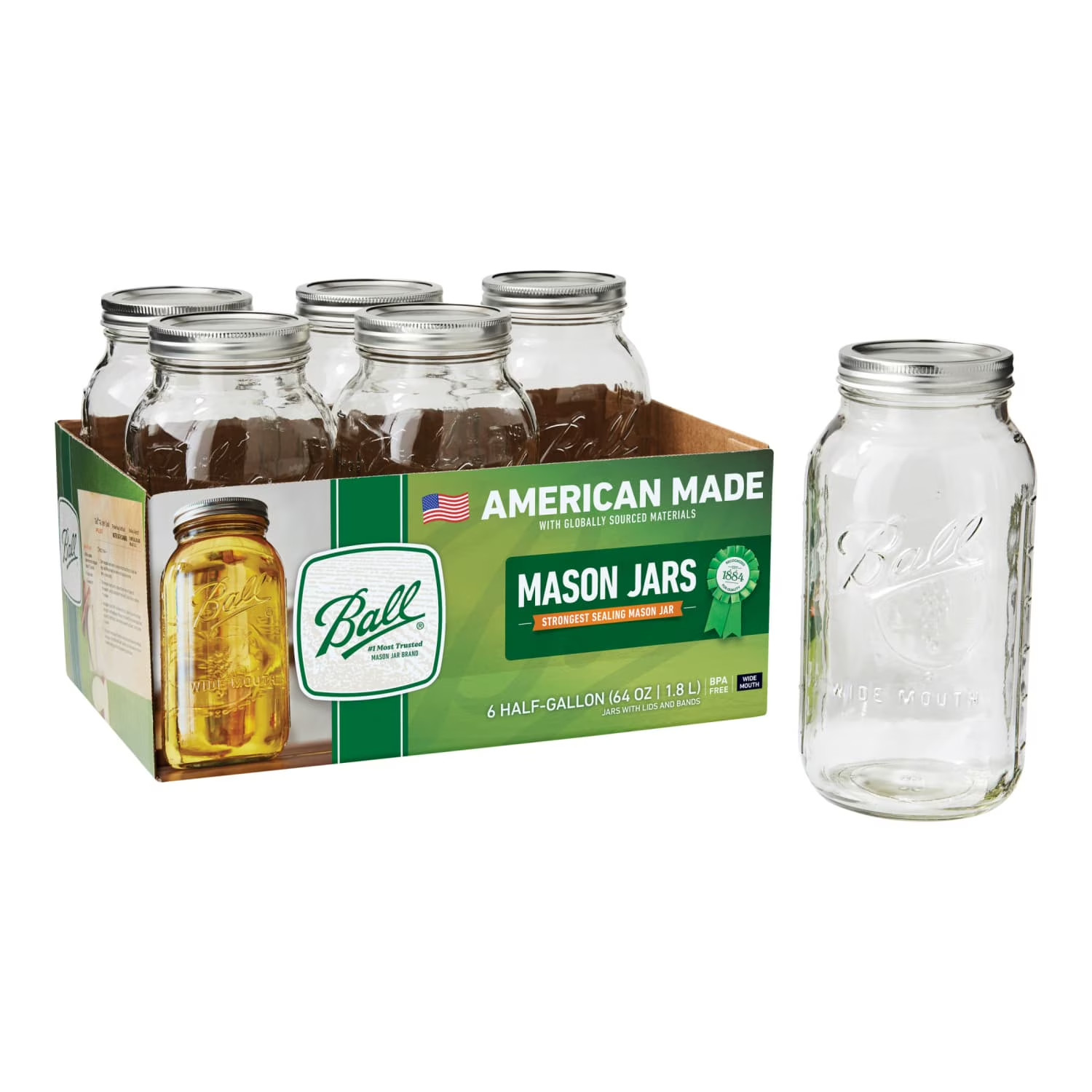 Glass Mason Jar W/Lid & Band, Wide Mouth, 64 Ounces, 6 Count