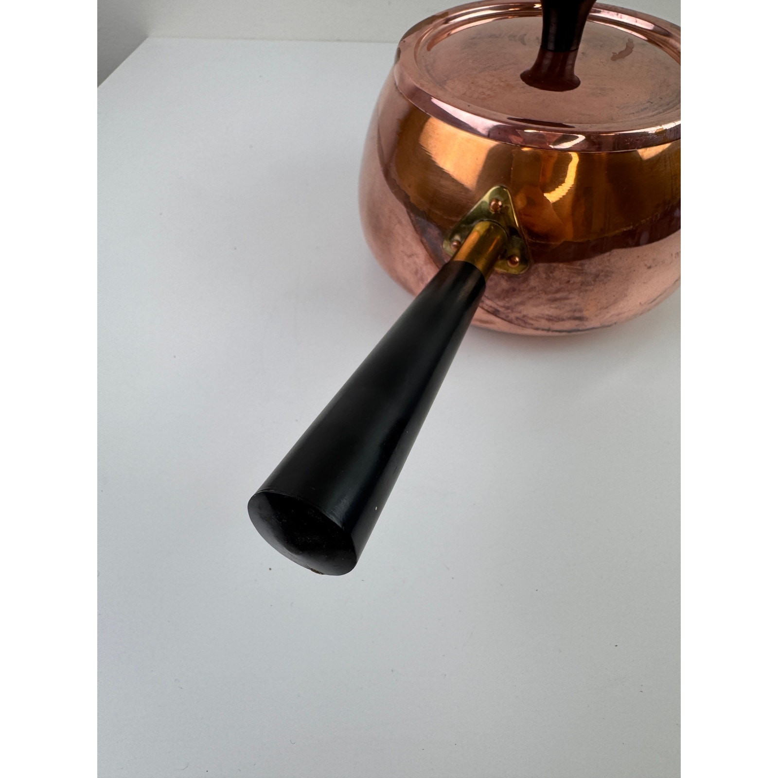 Vintage MCM Solid Copper Pot Rose Gold Metal Wooden Handle Lid Made In Portugal