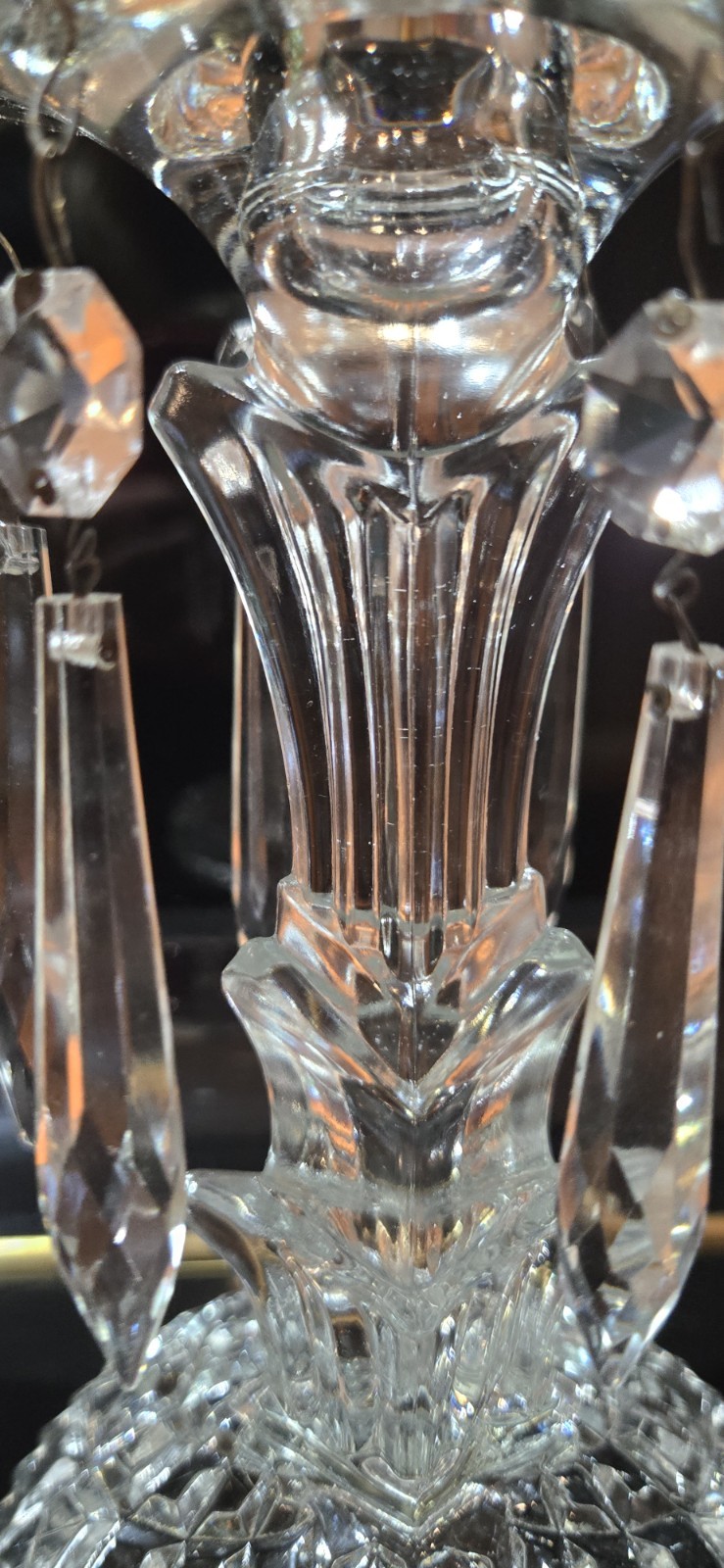 2 ANTIQUE 1920s GLASS CANDLE HOLDER CRYSTAL PRISM LUSTRE SHELL PATTERN ORNATE