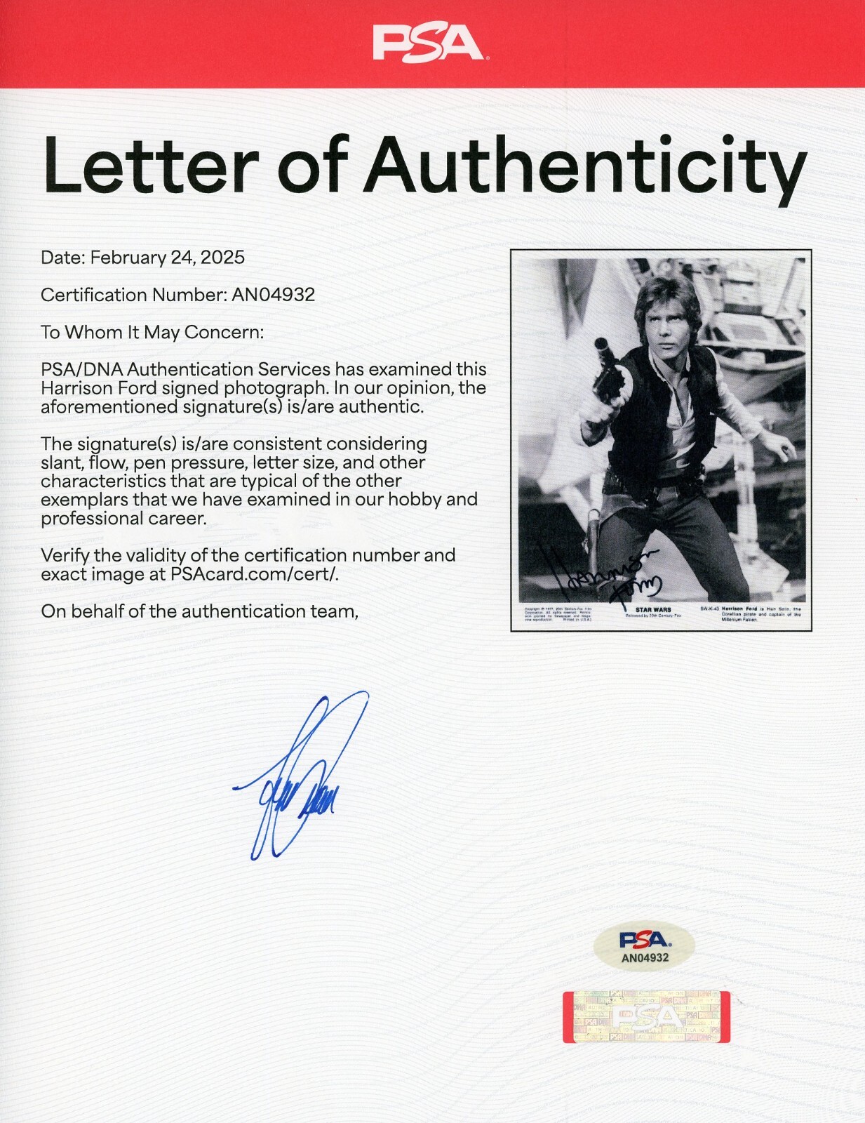 Harrison Ford ~ Signed Autographed Star Wars Han Solo Photograph ~ PSA DNA