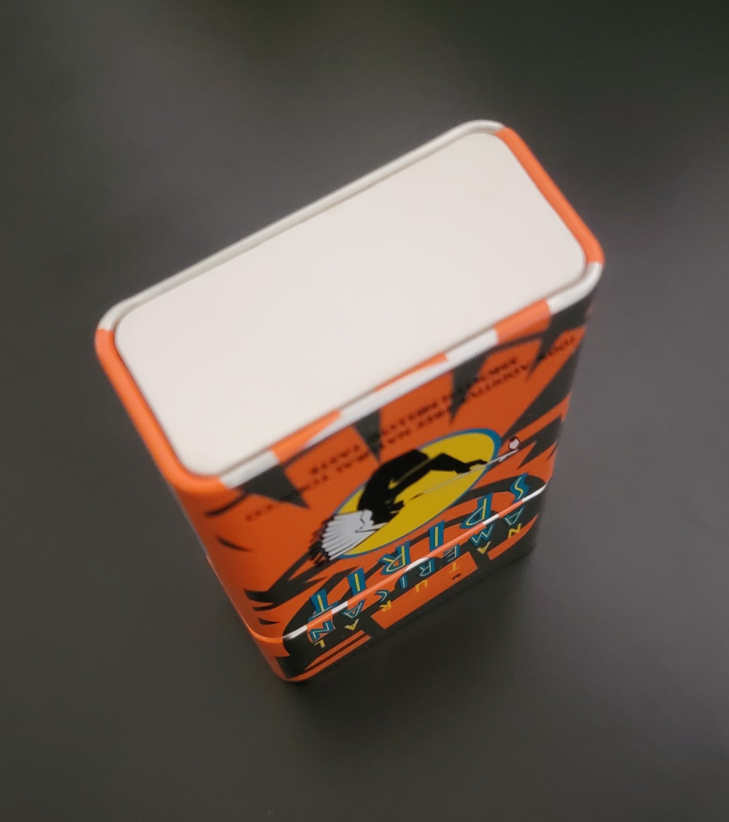 American Spirit Vintage Empty Cigarette Metal Tin Orange Hinged Flip Top