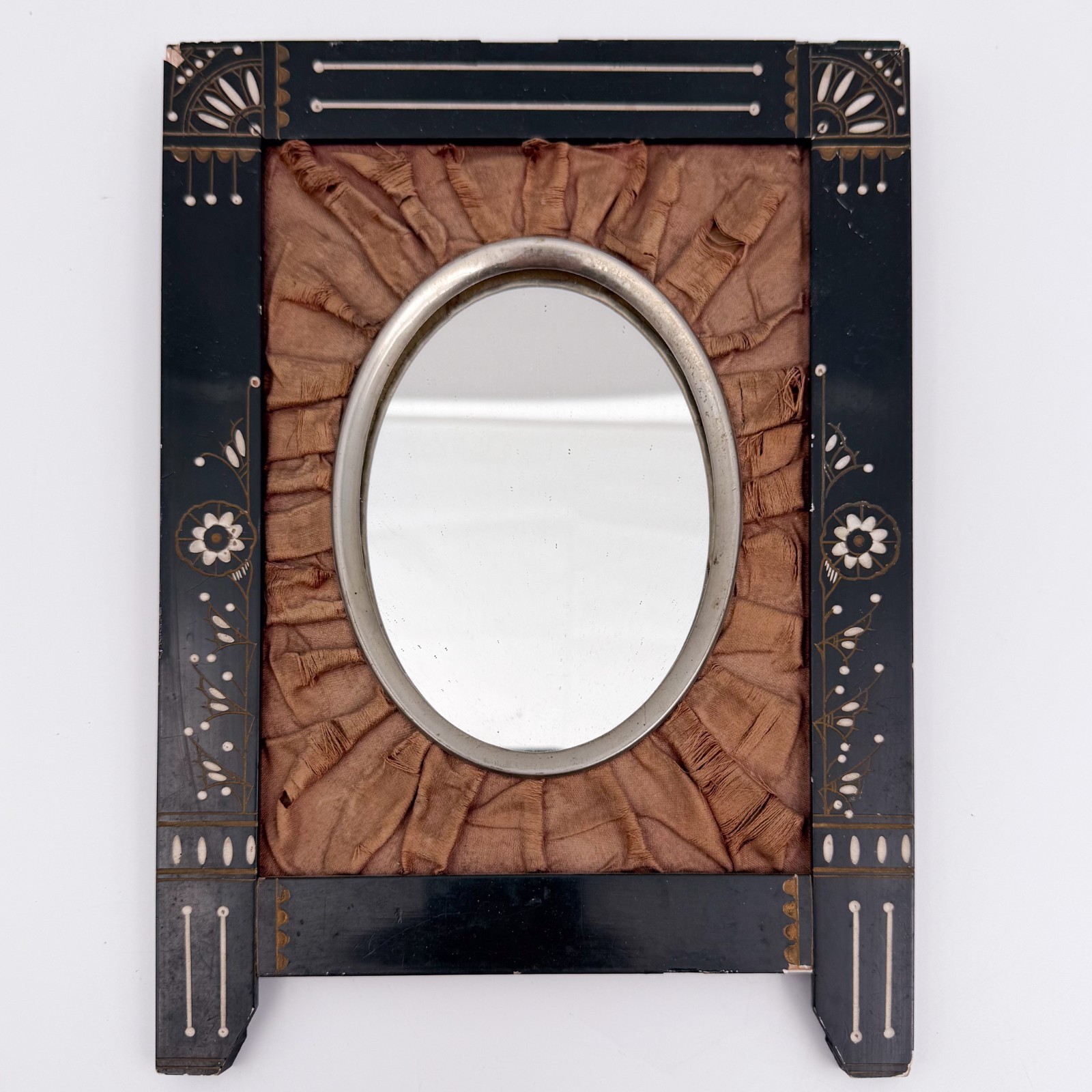 Victorian Eastlake Ebonized Portrait Frame Mirror Silk Antique Sgraffito 10.75″