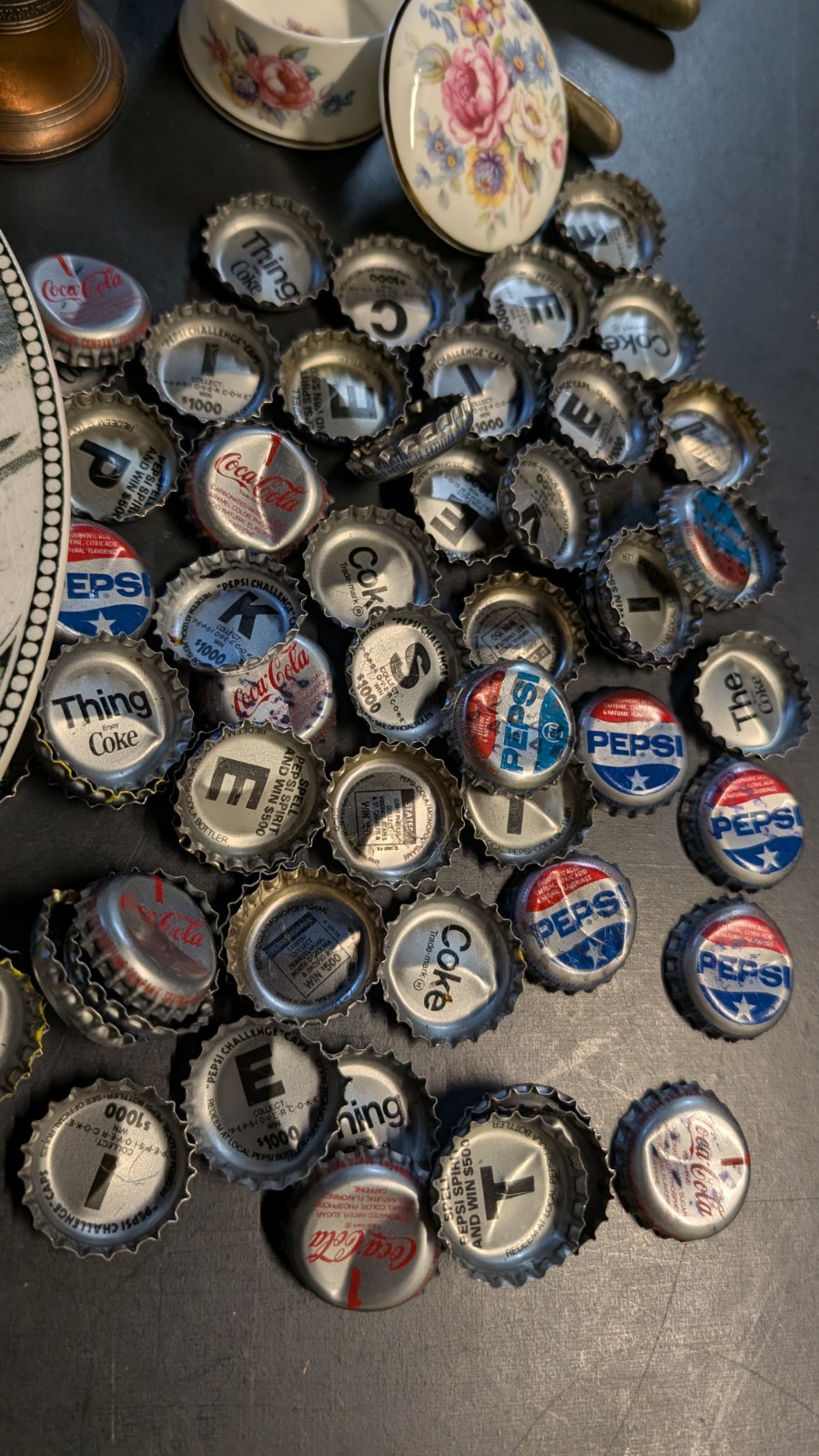 Vintage Figurine Pepsi bottle caps China plate Eveready Flashlight Drafting Tool
