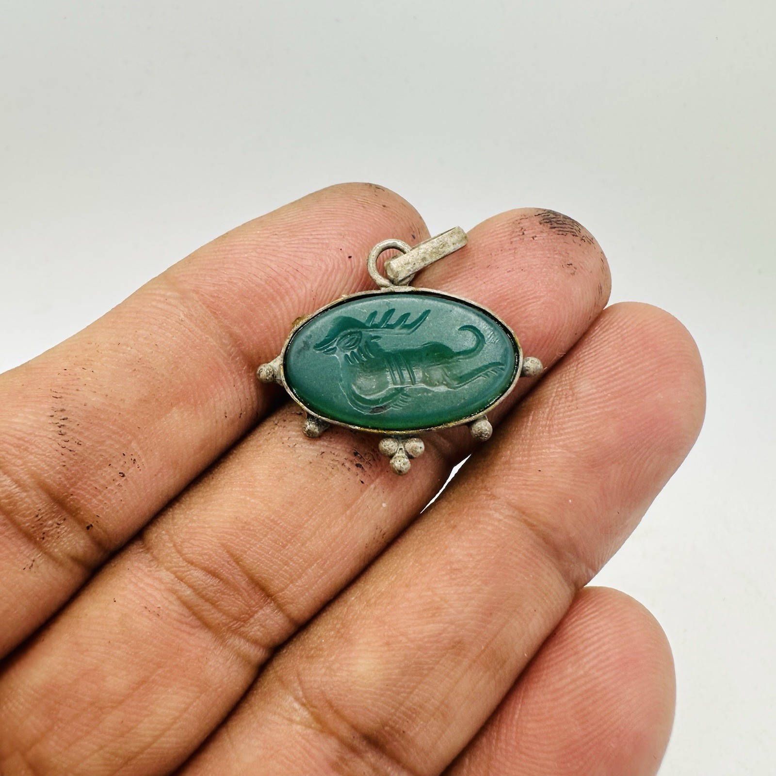 Antique style carved stone pendant green agate intaglio ethnic tribal pendant
