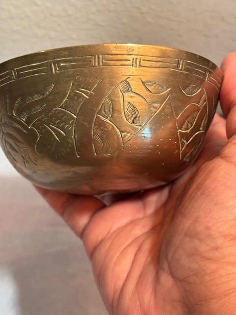Vintage Chinese Hammered Bronze Brass “Singing Bowl” Carved Wave Motifs 4 1/2″ D