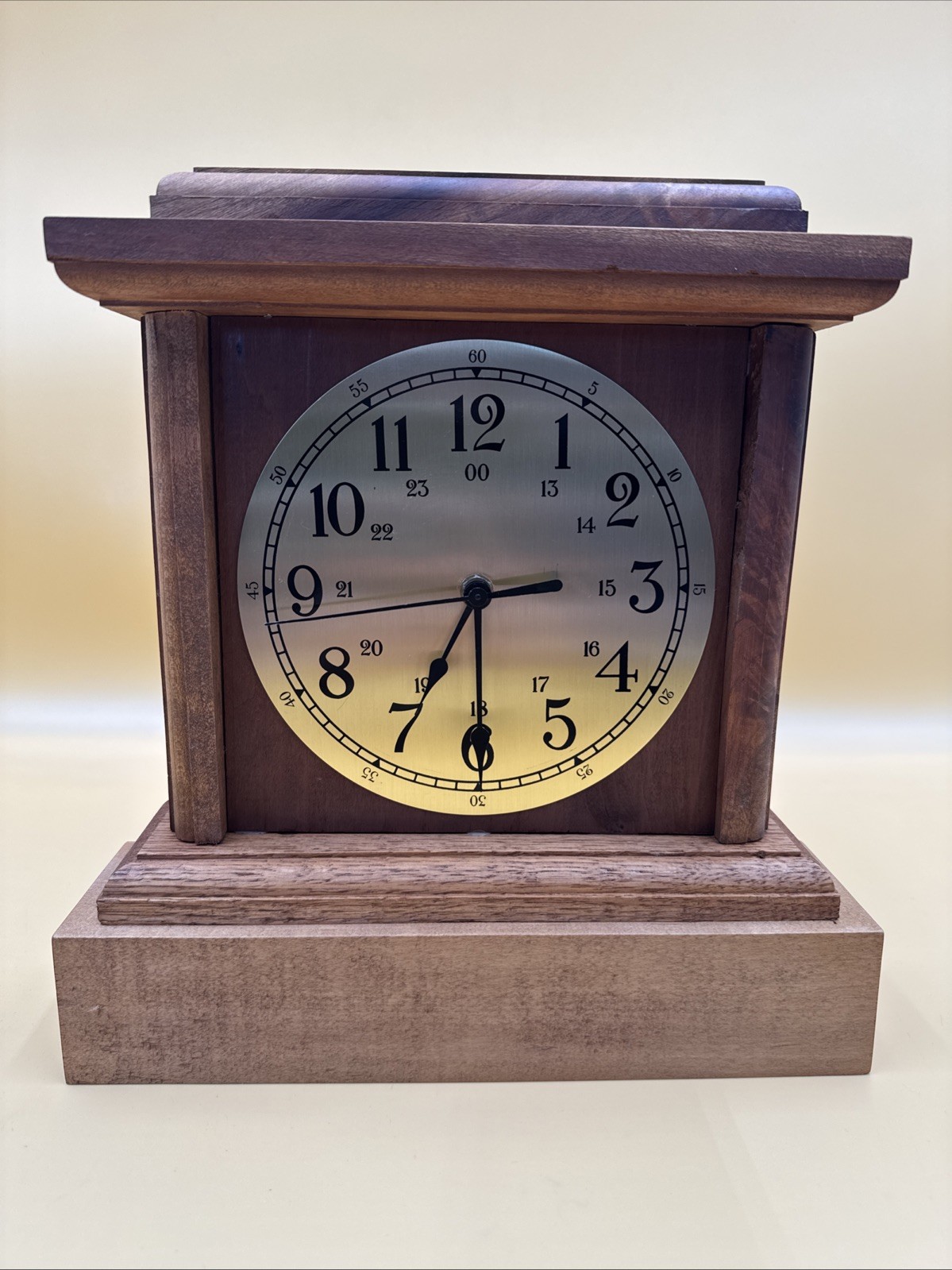 VINTAGE HANDMADE IN USA SOLID OAK MANTLE CLOCK TESTED AND WORKS!!!