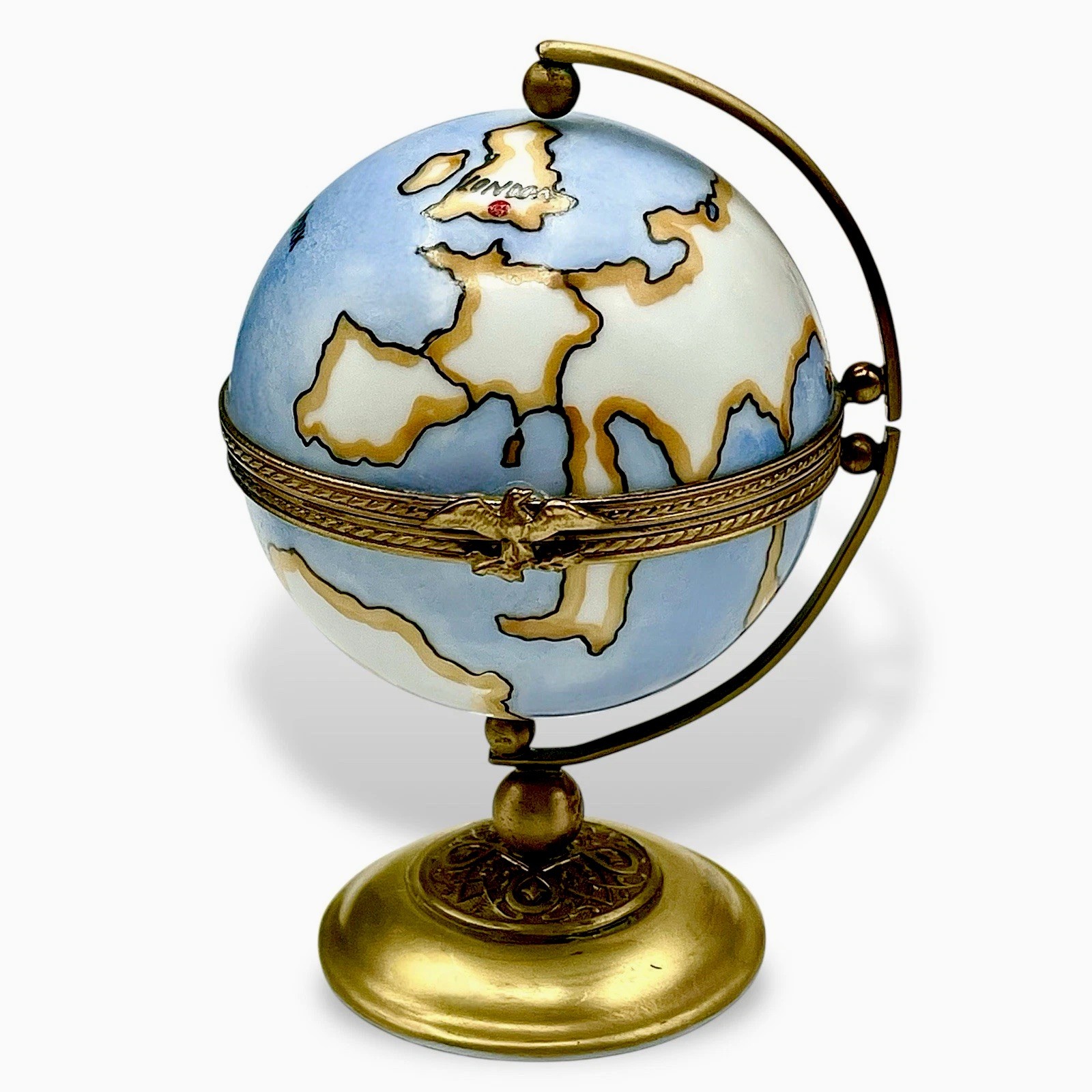 LIMOGES GLOBE Trinket Box 7/100 Peint Main Eagle Clasp London New York France