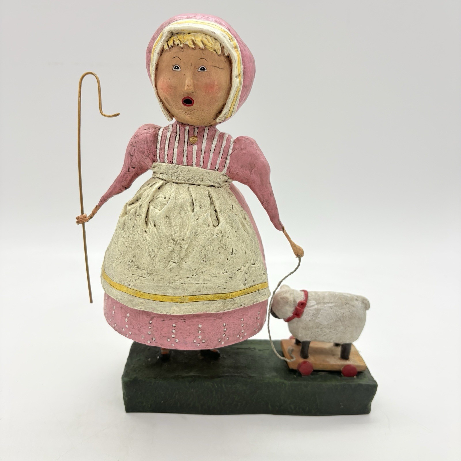 Lori Mitchell Girl Bo Peep Costume Sheep Pull Toy 10.5″ Figurine Folk Art Signed