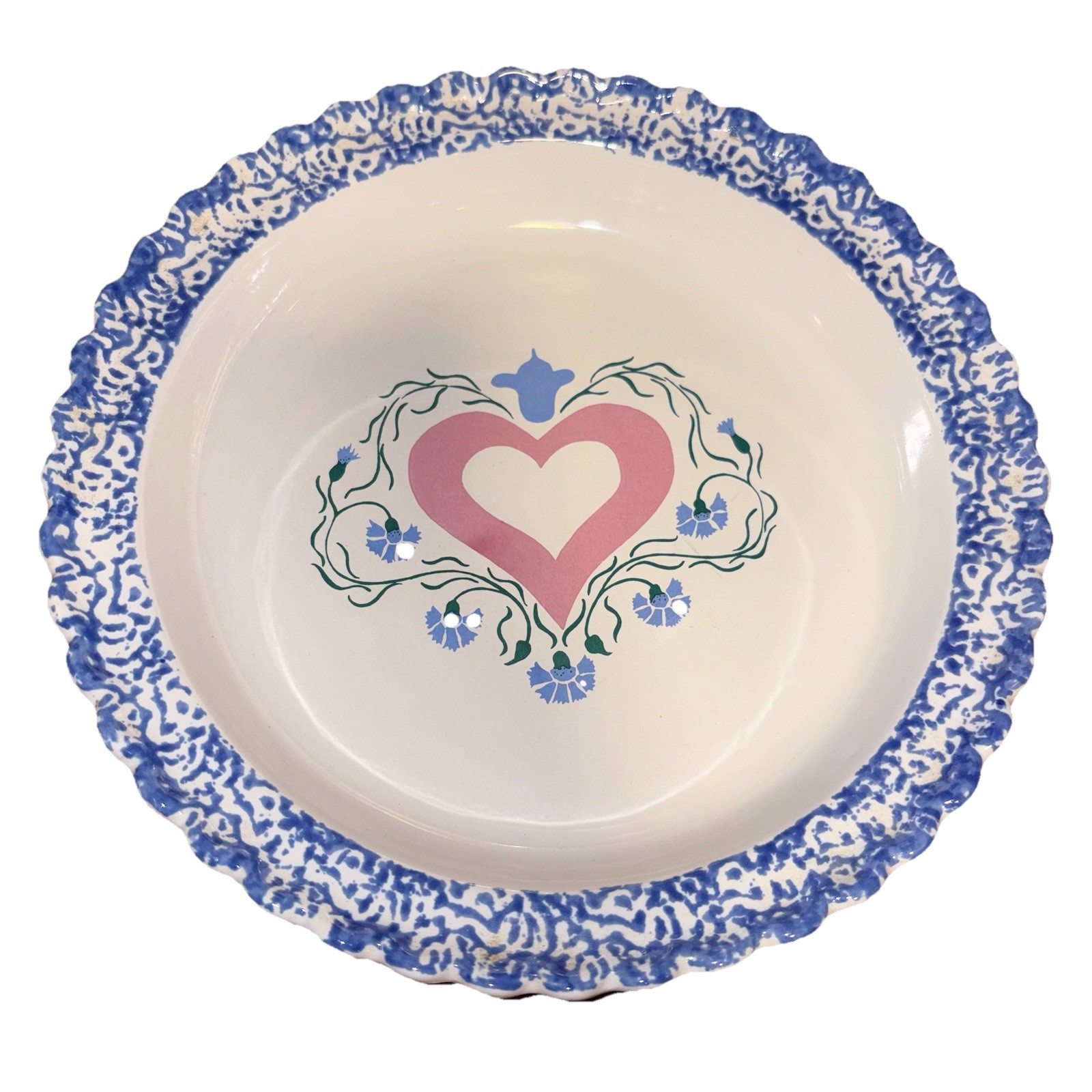 ABC Distributing Country Heart Pie Dish, White With Blue Trim Pink Heart 10.5″