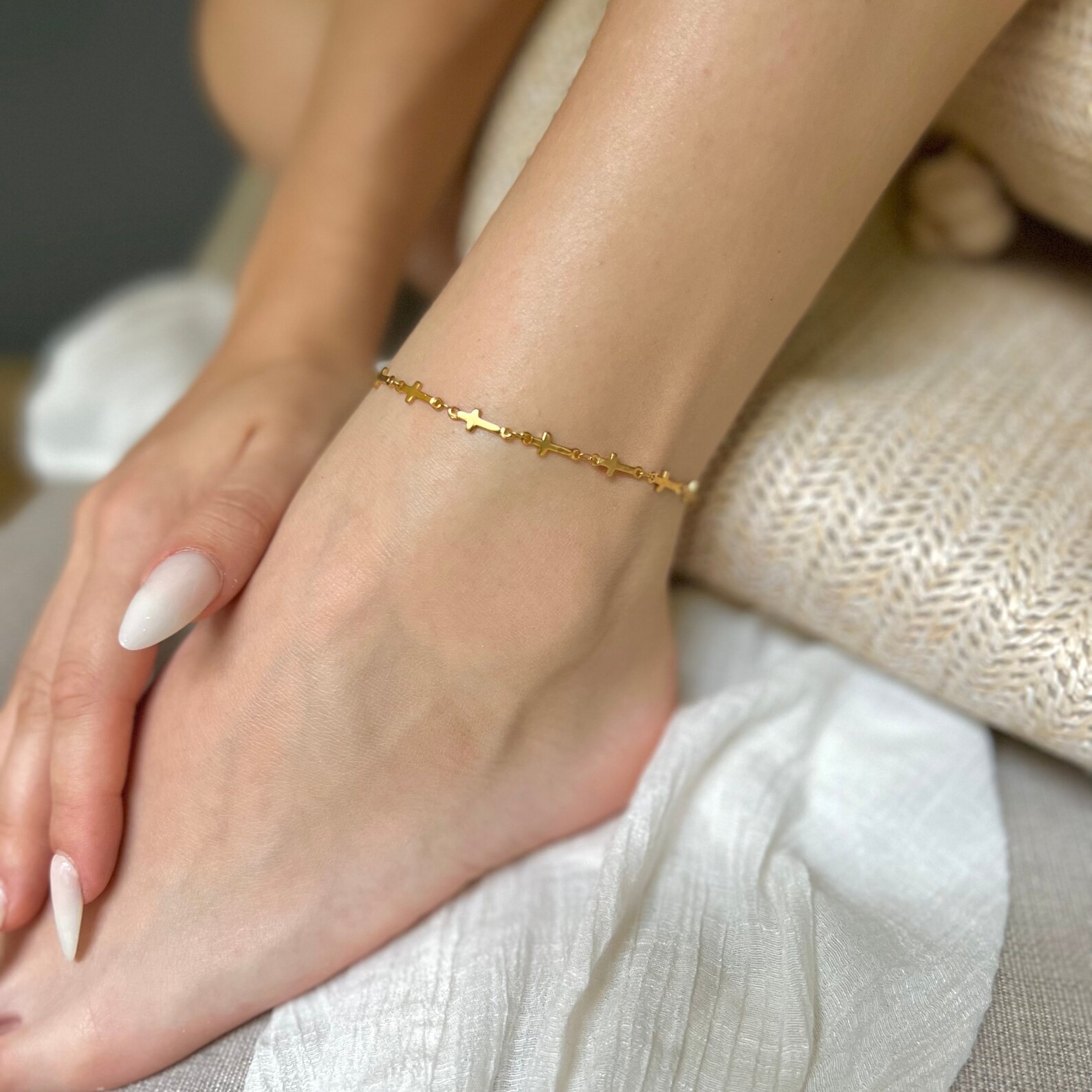 14K Yellow Gold Over Summer Cross Anklet Chain For Women, Gift For Her 10″ Long