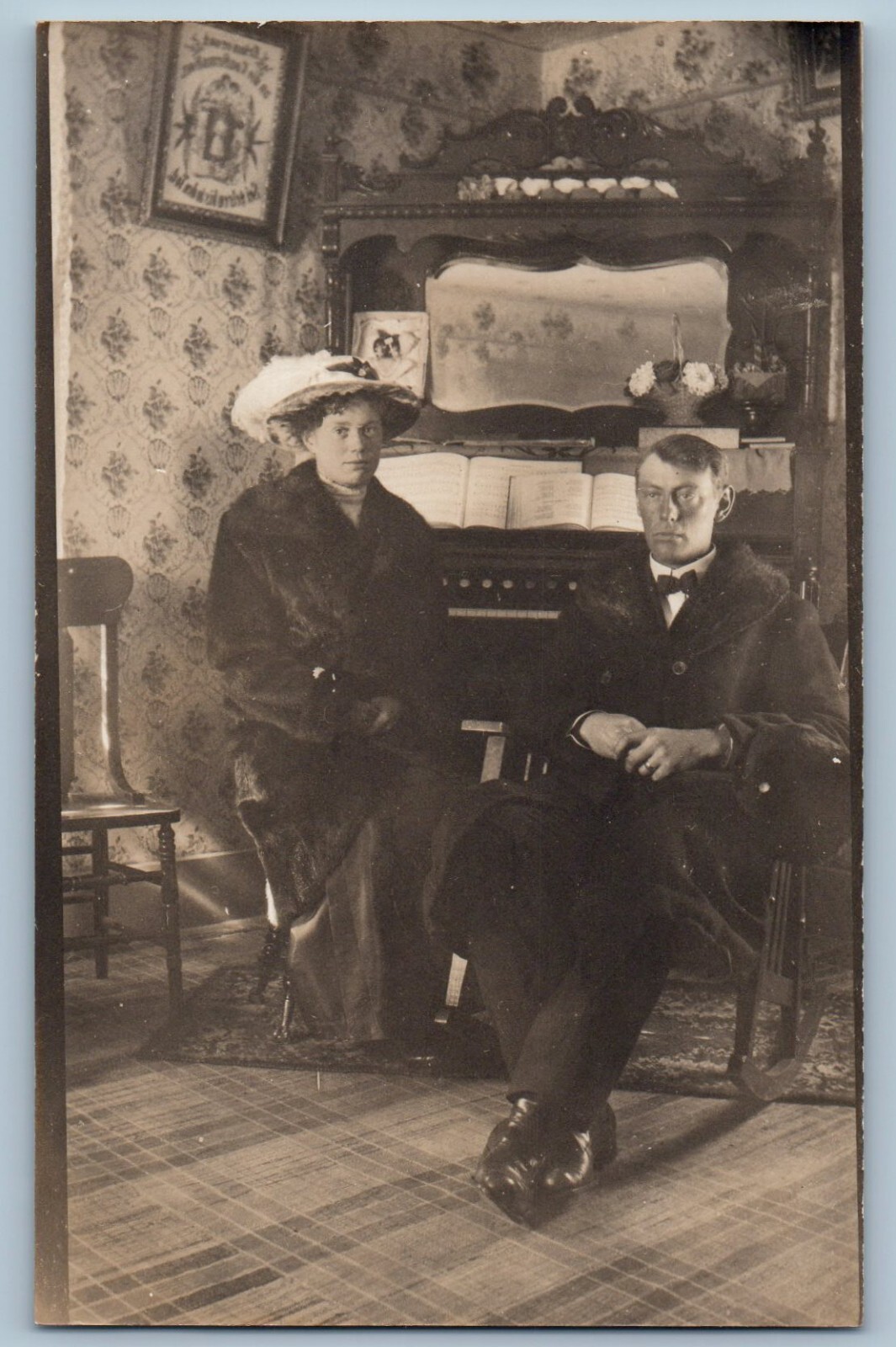 RPPC Photo Postcard Couple Woman Hat Feather House Interior Organ c1910’s