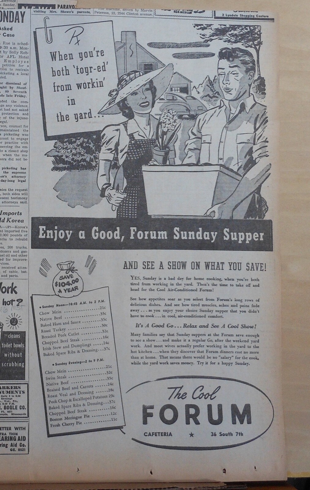 1946 newspaper ad for Forum Cafeteria Minneapolis – Enjoy a Good Sunday Supper