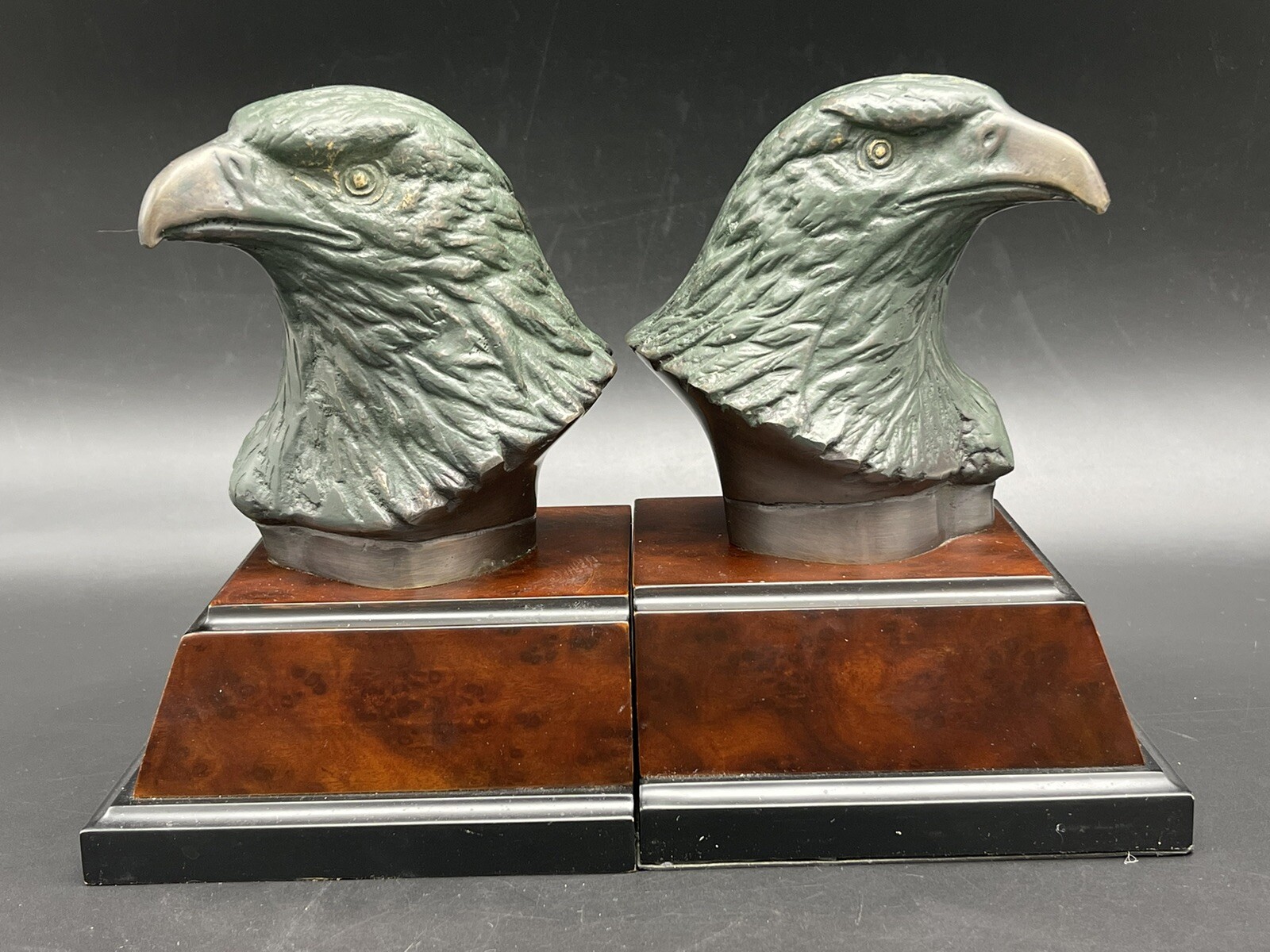 Set of Book Ends Metal Eagle Head on Wooden Base Decorative Crafts Inc