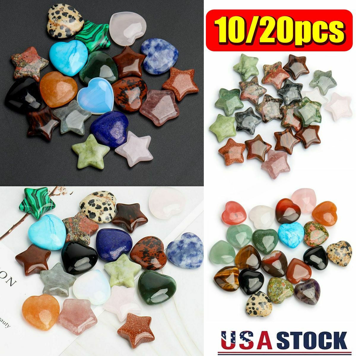 10/20pcs Natural Stone Quartz Healing Reiki Crystal Star Heart Gemstone 0.8in